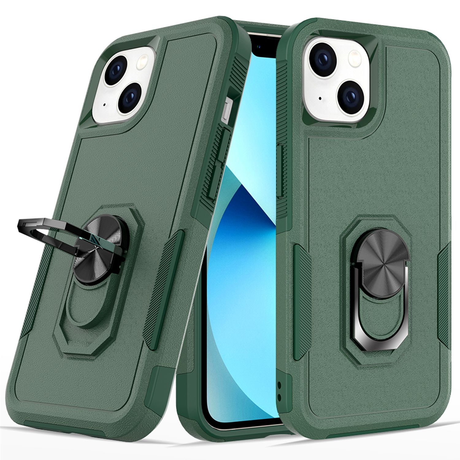 

For iPhone 14 6.1 inch Rotary Metal Ring Kickstand Phone Case PC + TPU Dual Layer Protective Cover - Dark Green, iPhone 14