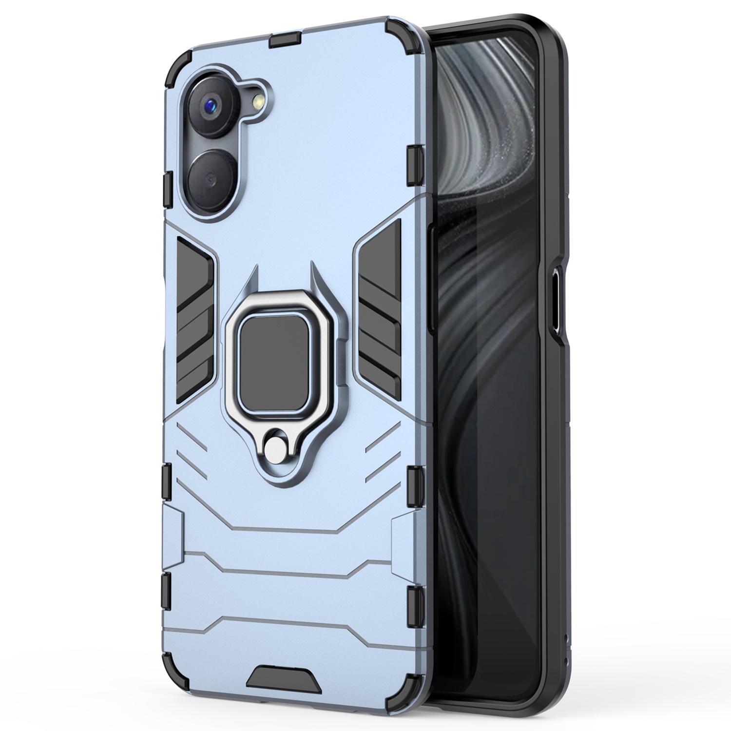 

Für Realme V20 5G Soft TPU Hard PC Impact-resistant Case Ring Kickstand Stoßdämpfer Protective Phone Deckung - Blau, Realme V20 5G