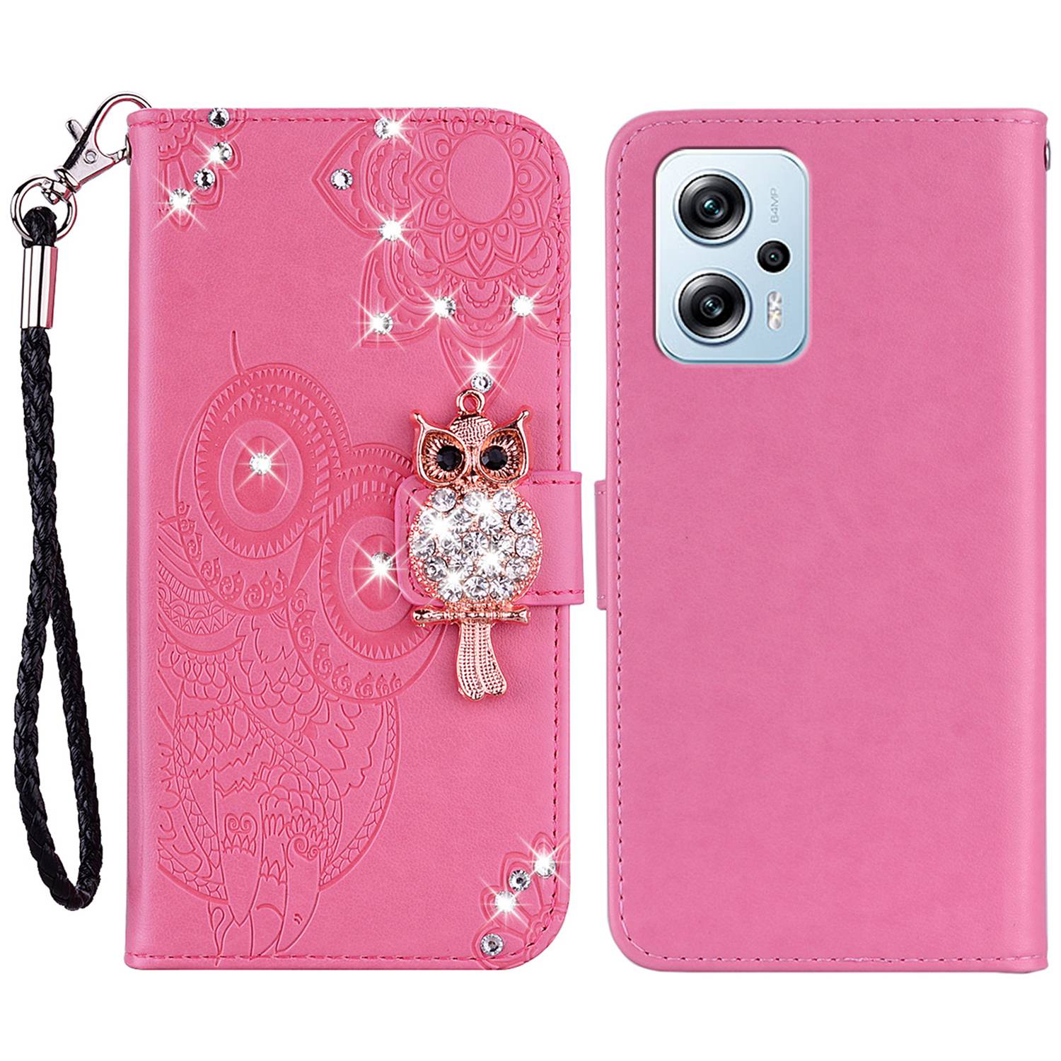 

Für Xiaomi Poco X4 GT 5G / Redmi Note 11t Pro 5g / Hinweis 11T Pro+ 5g Strass Decor Eule Blume Geprinktes Lederhülle Mit Brieftasche - Rose, Xiaomi Redmi Note 11T Pro 5G
