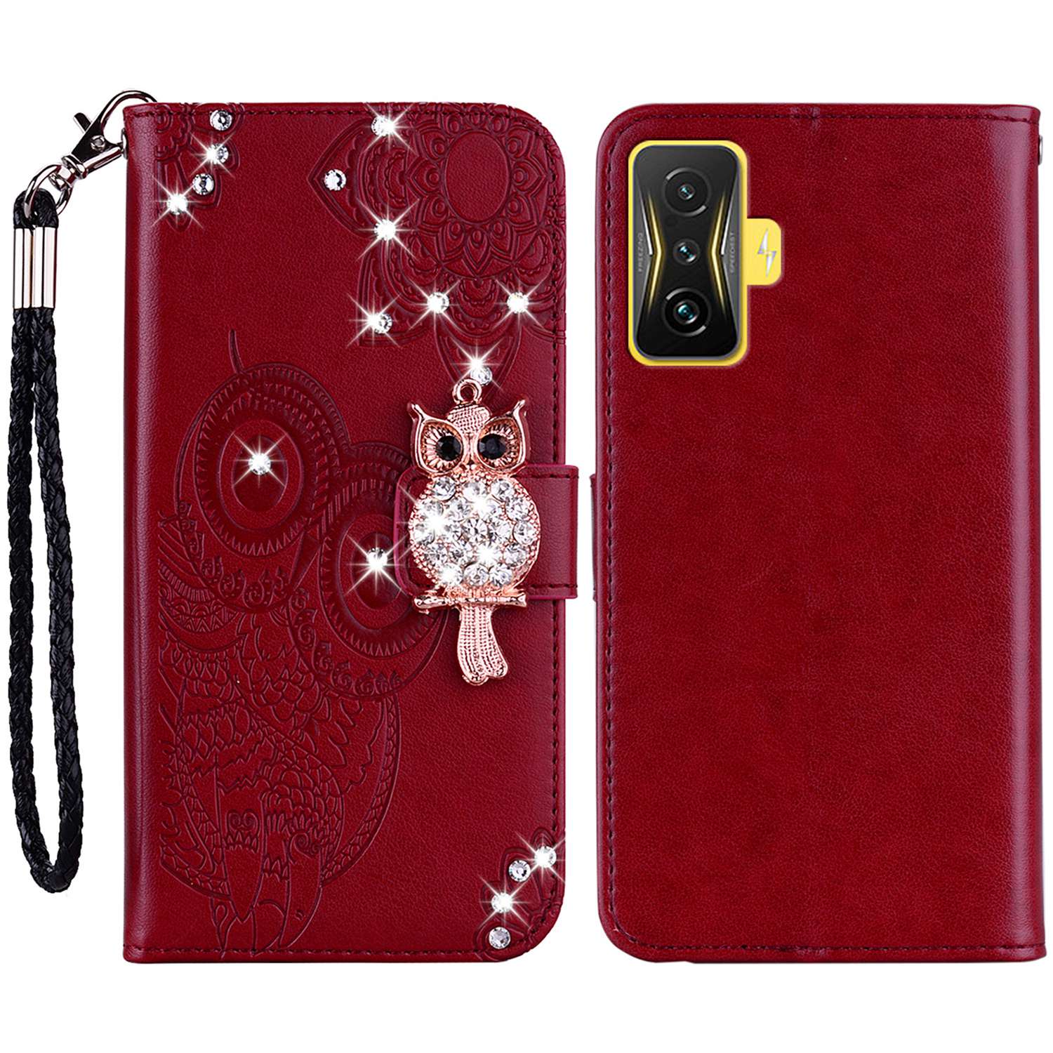 

Für Xiaomi Poco F4 GT / Redmi K50 Gaming 5g Strass Dekor Wallet Stand Hülle PU Leder -sprudel Eulenblume Muster Telefonschale - Rot, Xiaomi Poco F4 GT