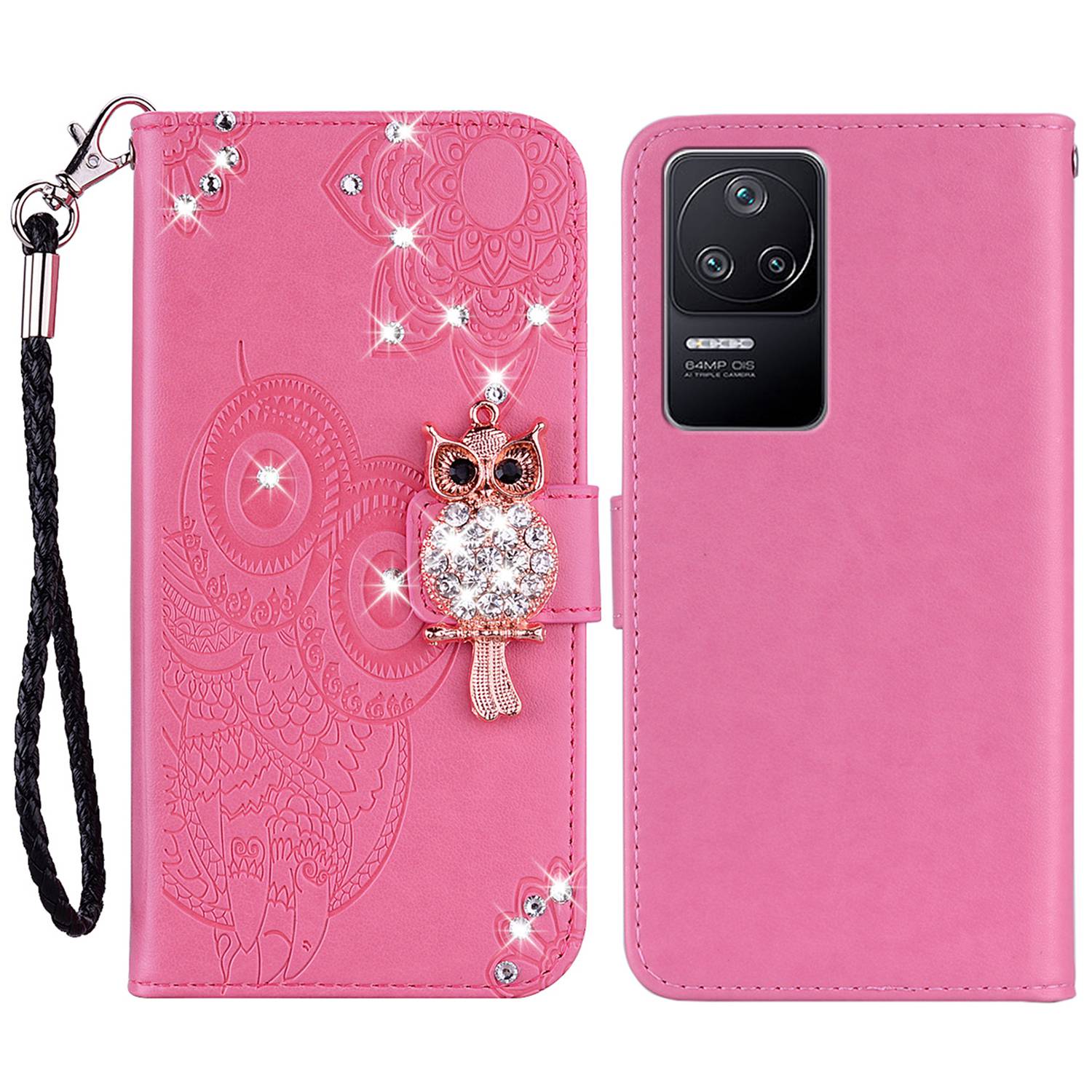 

Für Xiaomi Poco F4 5G / Redmi K40S 5G Strassdekoration Anti-kratzer-telefonabdeckungsbetriebsbrieftasche Lederhülle Mit Prägenem Eulenblumenmuster - Rose, Xiaomi Poco F4 5G