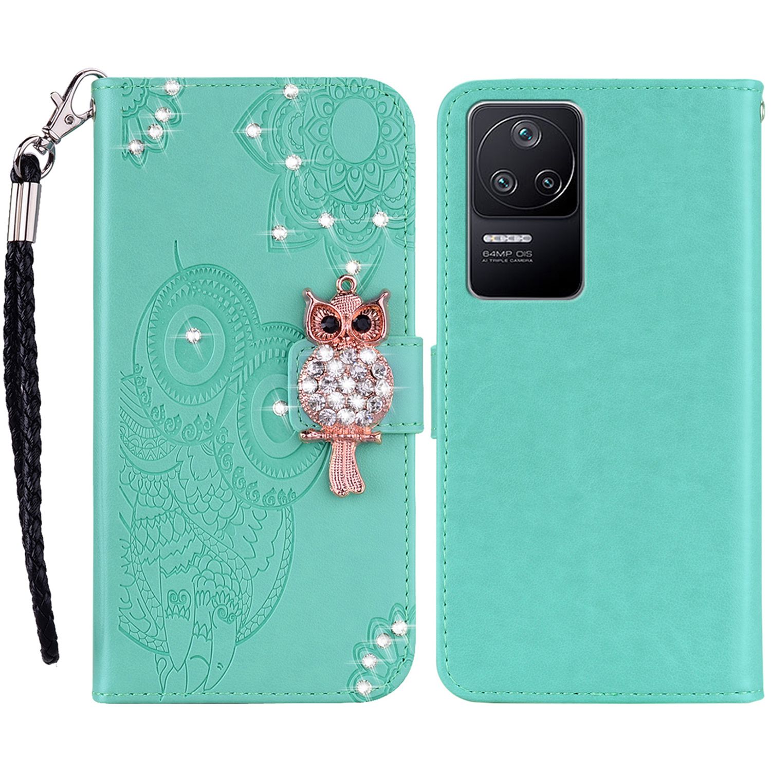 

Für Xiaomi Poco F4 5G / Redmi K40S 5G Strassdekoration Anti-kratzer-telefonabdeckungsbetriebsbrieftasche Lederhülle Mit Prägenem Eulenblumenmuster - Cyan, Xiaomi Poco F4 5G