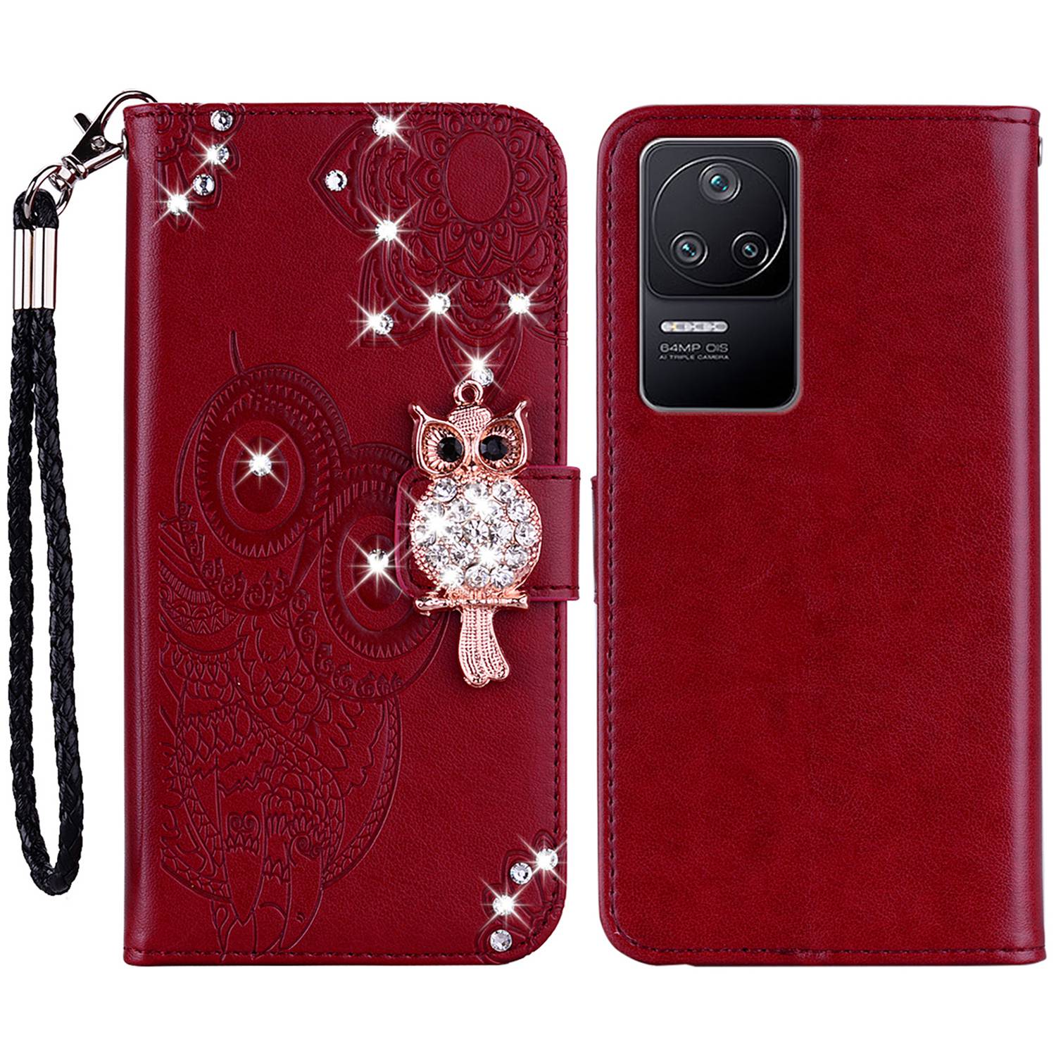 

Für Xiaomi Poco F4 5G / Redmi K40S 5G Strassdekoration Anti-kratzer-telefonabdeckungsbetriebsbrieftasche Lederhülle Mit Prägenem Eulenblumenmuster - Rot, Xiaomi Poco F4 5G