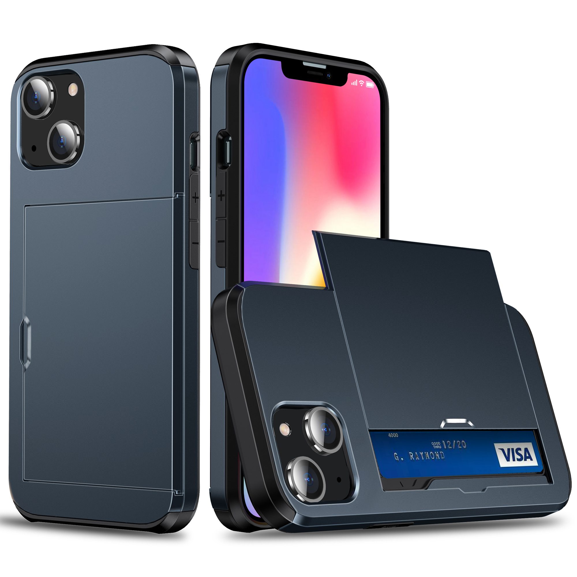 

Slide Card Holder Phone Case for iPhone 14 6.1 inch, Drop-proof Protection TPU + PC Hybrid Cover - Navy Blue, iPhone 14