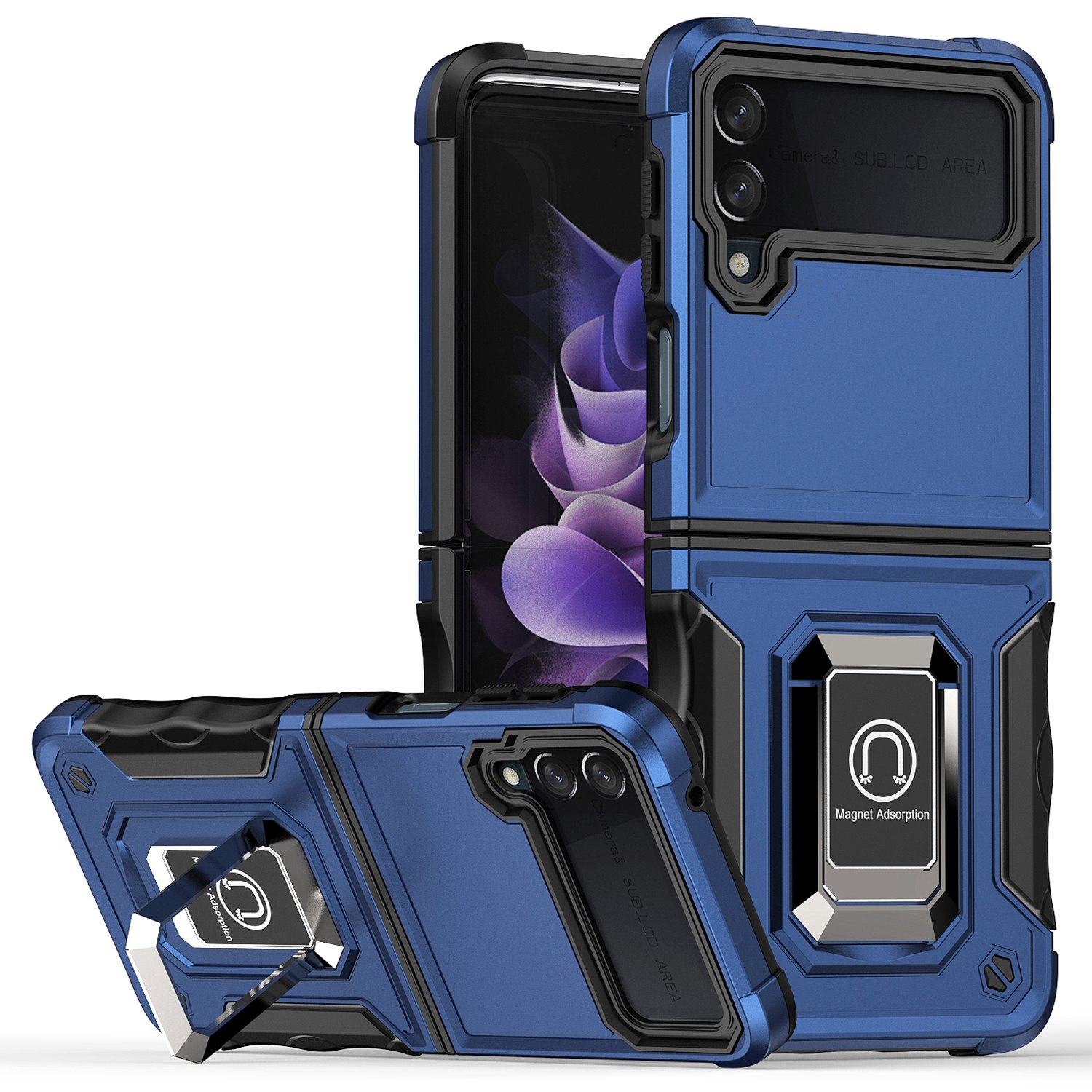 

For Samsung Galaxy Z Flip4 5G Anti-shock Hard PC Soft TPU Hybrid Phone Case Ring Kickstand Well-protected Cover - Blue, Galaxy Z Flip4 5G