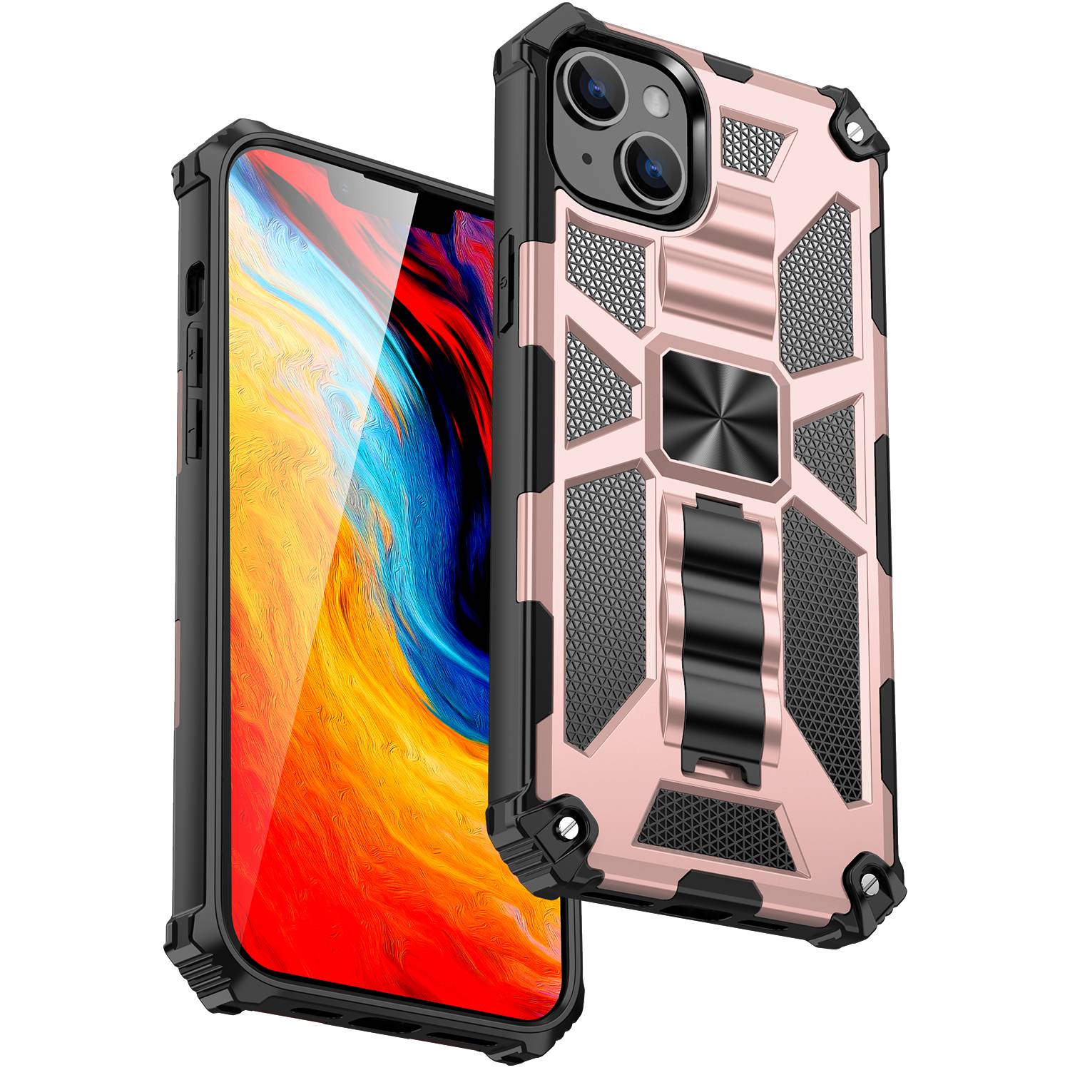 

For iPhone 14 6.1 inch Shockproof TPU+PC Case Hybrid Impact Military Protective Cover with Kickstand - Rose Gold, iPhone 14