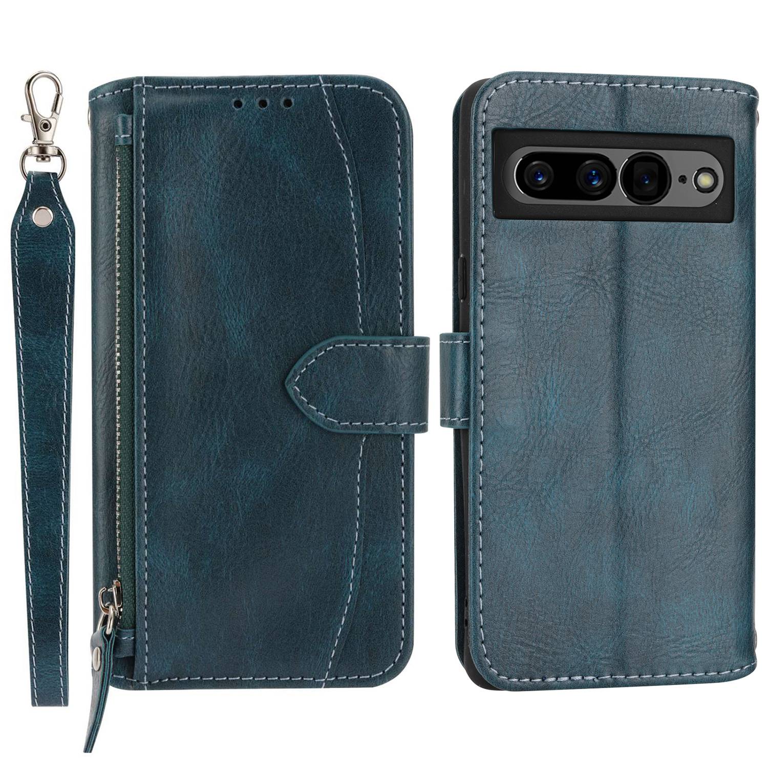 

Für Google Pixel 7 Pro Wallet Flip Phone Case Reißverschluss Pocket Anti-wear Magnetic PU Leder Stand Shell Long / Kurze Gurte - Grün, Google Pixel 7 Pro 5G