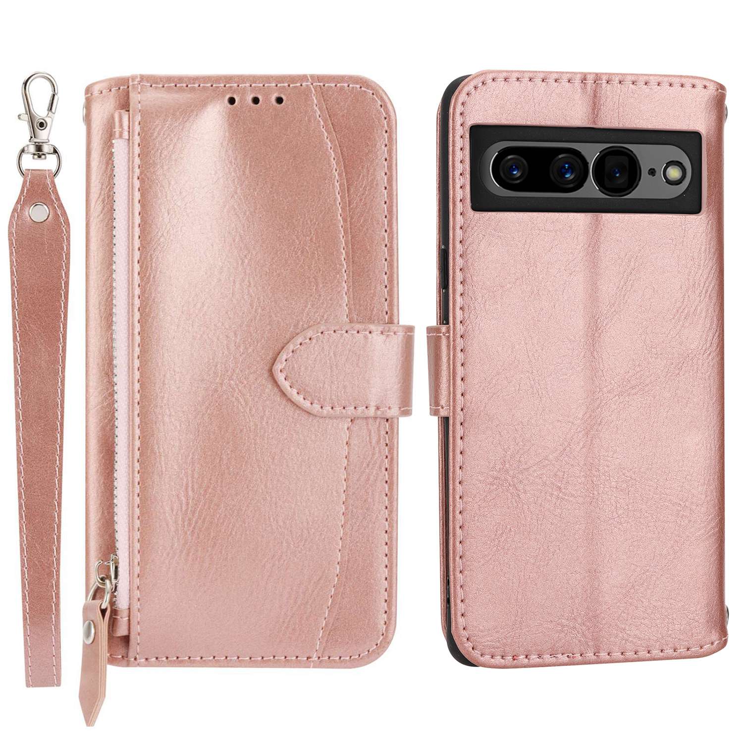 

Für Google Pixel 7 Pro Wallet Flip Phone Case Reißverschluss Pocket Anti-wear Magnetic PU Leder Stand Shell Long / Kurze Gurte - Roségold, Google Pixel 7 Pro 5G