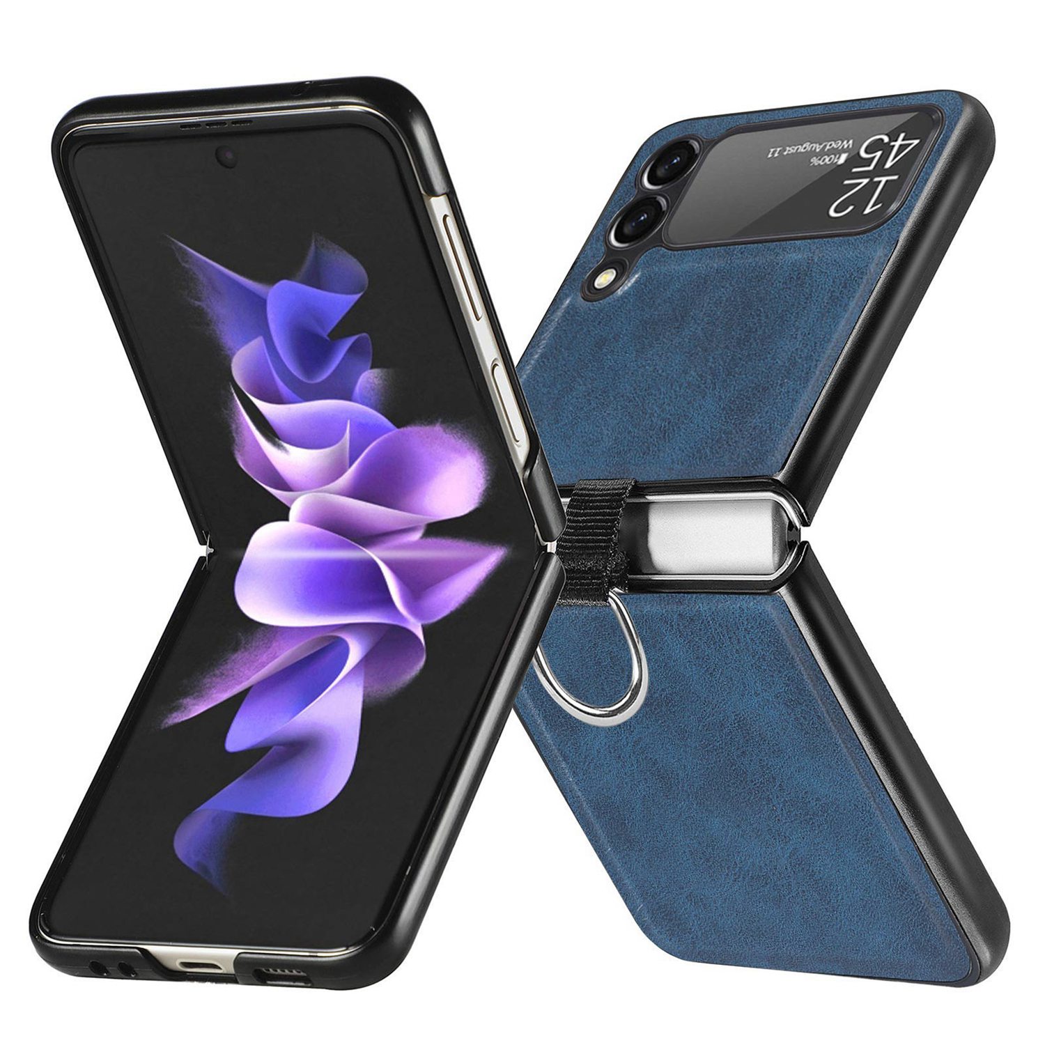 

For Samsung Galaxy Z Flip3 5G Finger Ring Holder PU Leather Coated PC Case Anti-scratch Folding Phone Cover - Blue, Samsung Galaxy Z Flip3 5G
