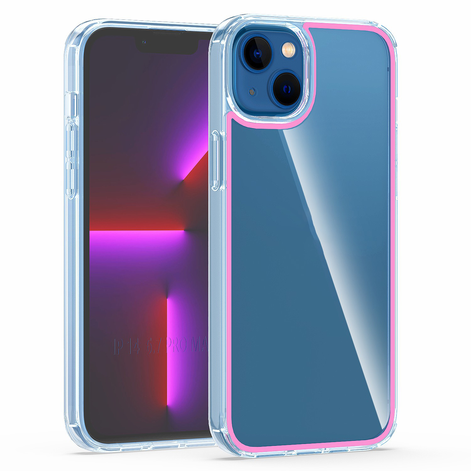 

For iPhone 14 Max 6.7 inch Colorful Lines Design Phone Case Electroplating Buttons Clear TPU+Acrylic Anti-drop Shell - Transparent Pink, iPhone 14 Max 6.7 inch