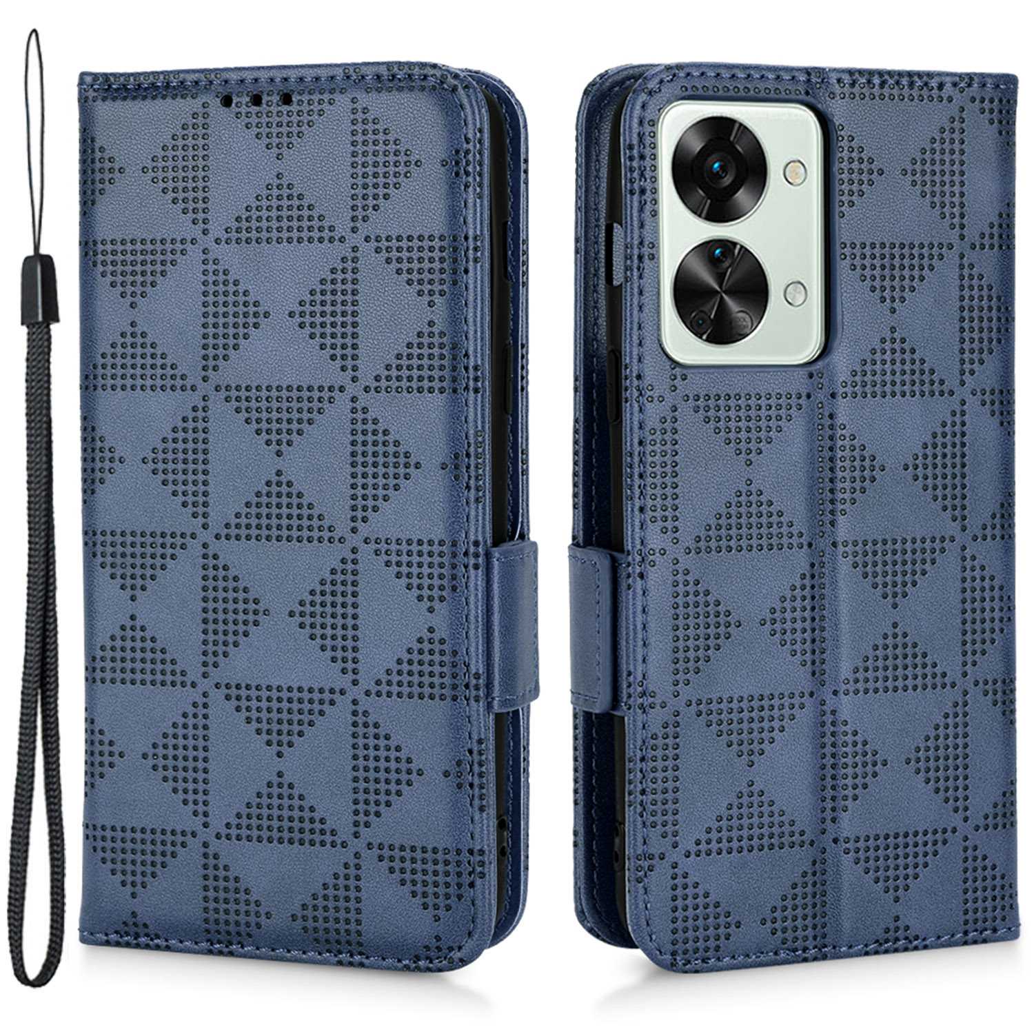 

Für OnePlus Nord 2T 5G Full Protection Phone Case Wear-resistant Triangle Muster Eingeprägter PU Leder Flip Wallet Wallet-abdeckständer Mit Riemen - Blau, OnePlus Nord 2T 5G