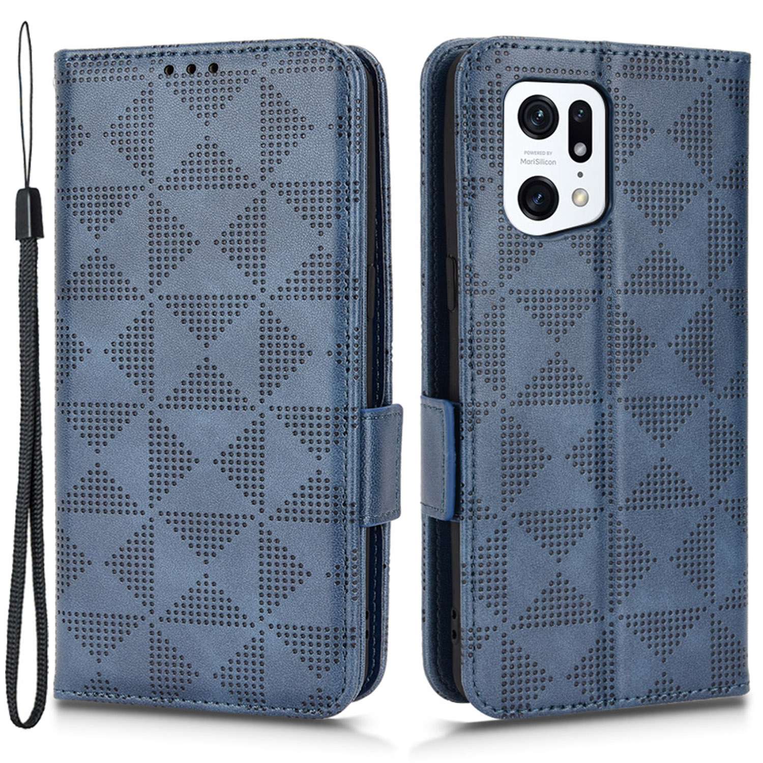 

Für Oppo Finden Sie X5 Pro 5G Dreieck Muster Geprägter Magnethülle Hülle Wallet Style Anti-fall-lederschale Mit Riemen - Blau, Oppo Find X5 Pro