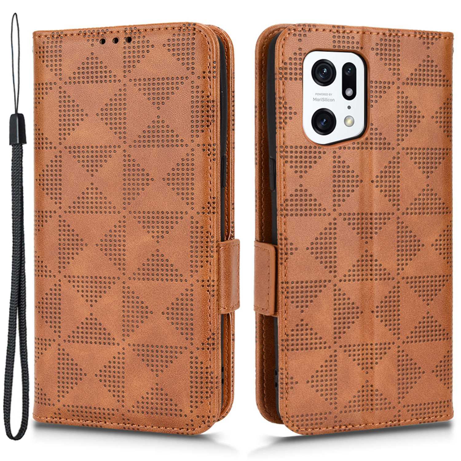 

Für Oppo Finden Sie X5 Pro 5G Dreieck Muster Geprägter Magnethülle Hülle Wallet Style Anti-fall-lederschale Mit Riemen - Braun, Oppo Find X5 Pro