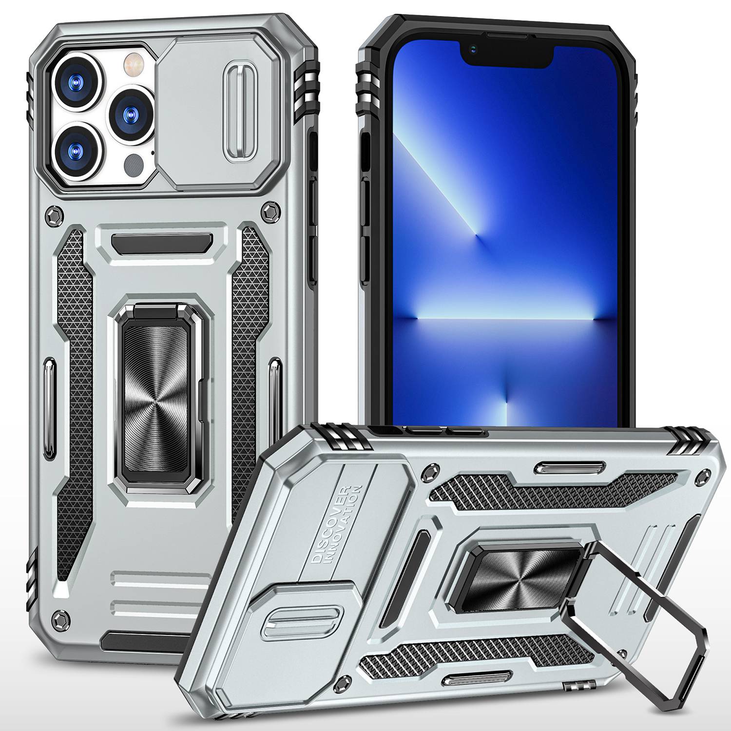

For iPhone 12 Pro Max 6.7 inch PC + TPU Ring Kickstand Case with Slide Camera Cover Anti-Fall Phone Protector - Grey, iPhone 12 Pro Max