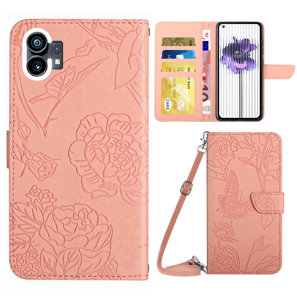 

Für Nichts Telefon (1) 5G Schmetterlingsblumen, Die Anti-kratzer-telefonabdeckung Brieftasche Design PU Lederhülle Mit Schultergurt Prägen - Rosa, Nothing phone (1) 5G