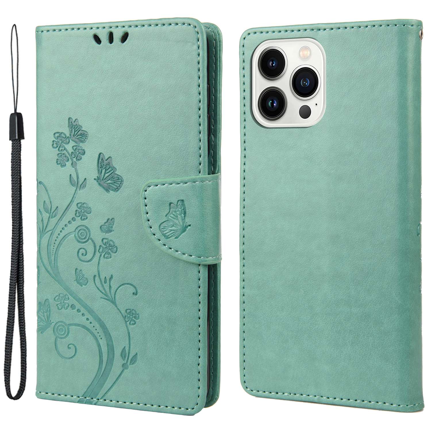 

For iPhone 14 Pro 6.1 inch Anti-fingerprint Imprinted Flower Butterflies Leather Mobile Phone Case Wallet Stand Cover - Green, iPhone 14 Pro