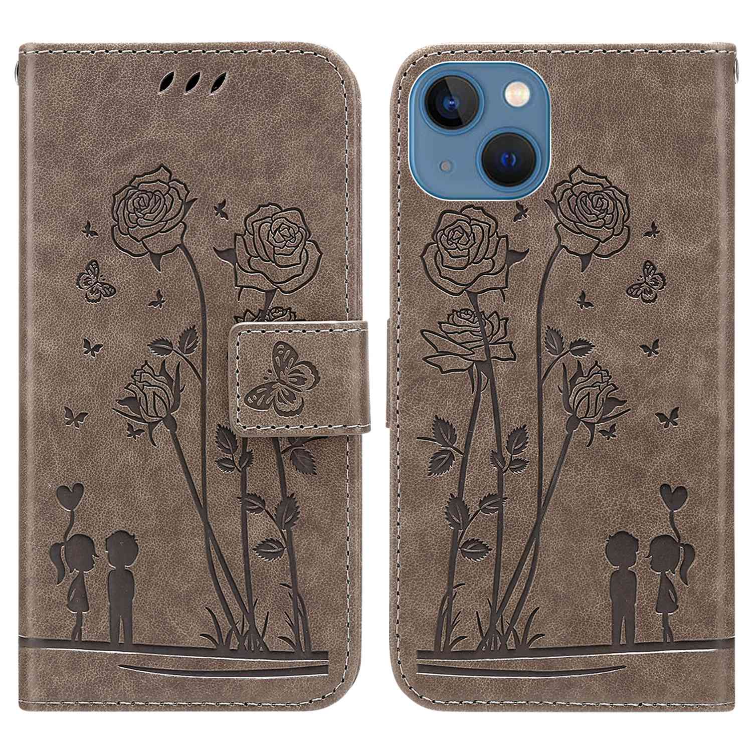 

For iPhone 14 Plus Anti-scratch Cell Phone Cover Imprinting Couple and Flowers Pattern PU Leather Wallet Stand Case - Grey, iPhone 14 Plus