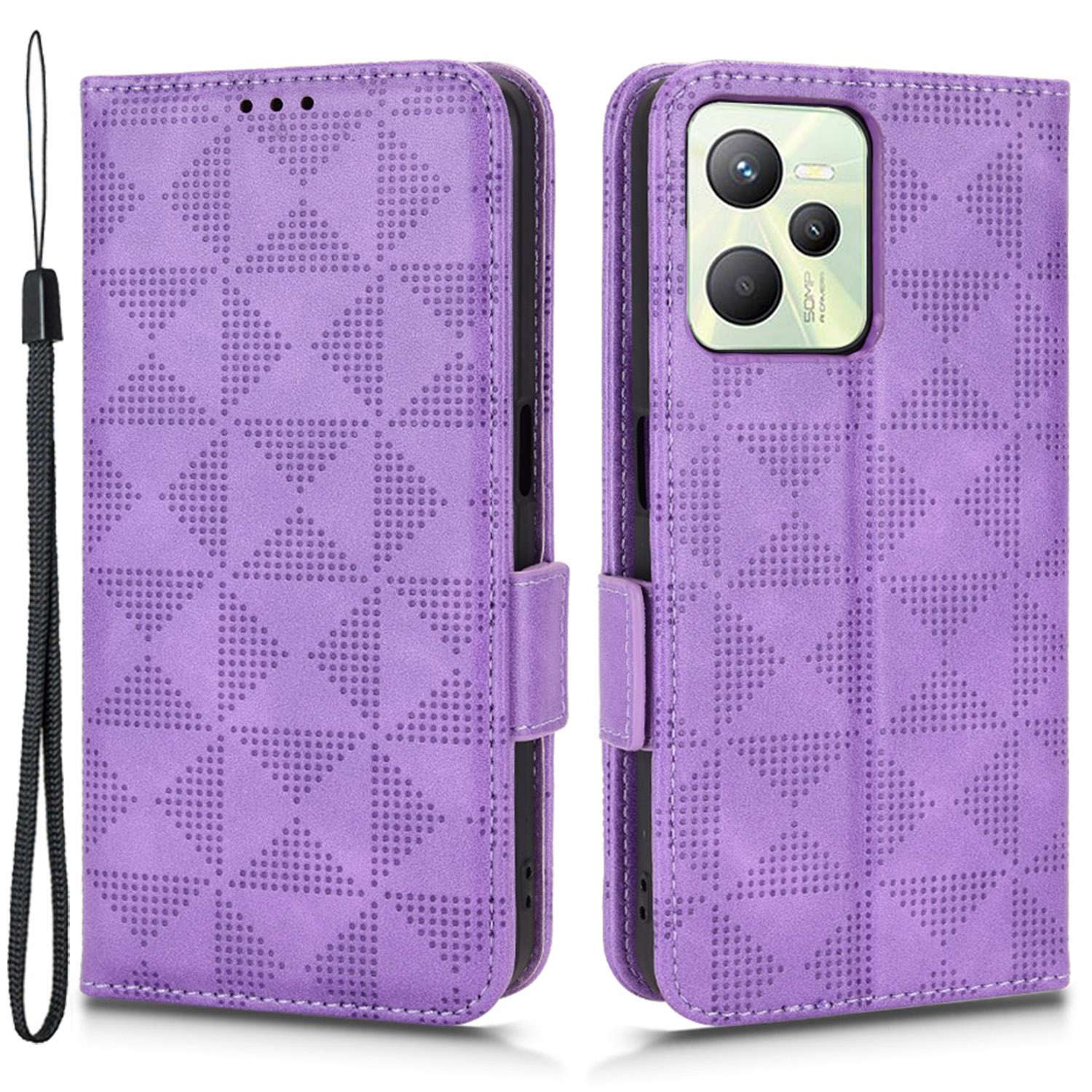 

Für Realme C35 Dreieck Muster Eingeprägte Drop-proof-mobiltelefonabdeckung PU Leder Brieftasche Mit Ständer - Violett, Realme C35 4G