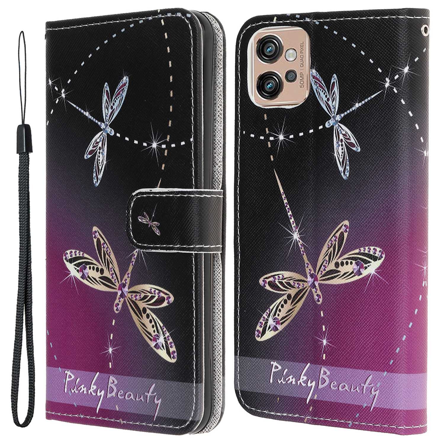 

Für Motorola Moto G32 4G Cross Textur Stand Brieftasche Telefonabdeckung PU Leder 3D -muster Druckkoffer Mit Riemen - Libellen, Motorola Moto G32 4G