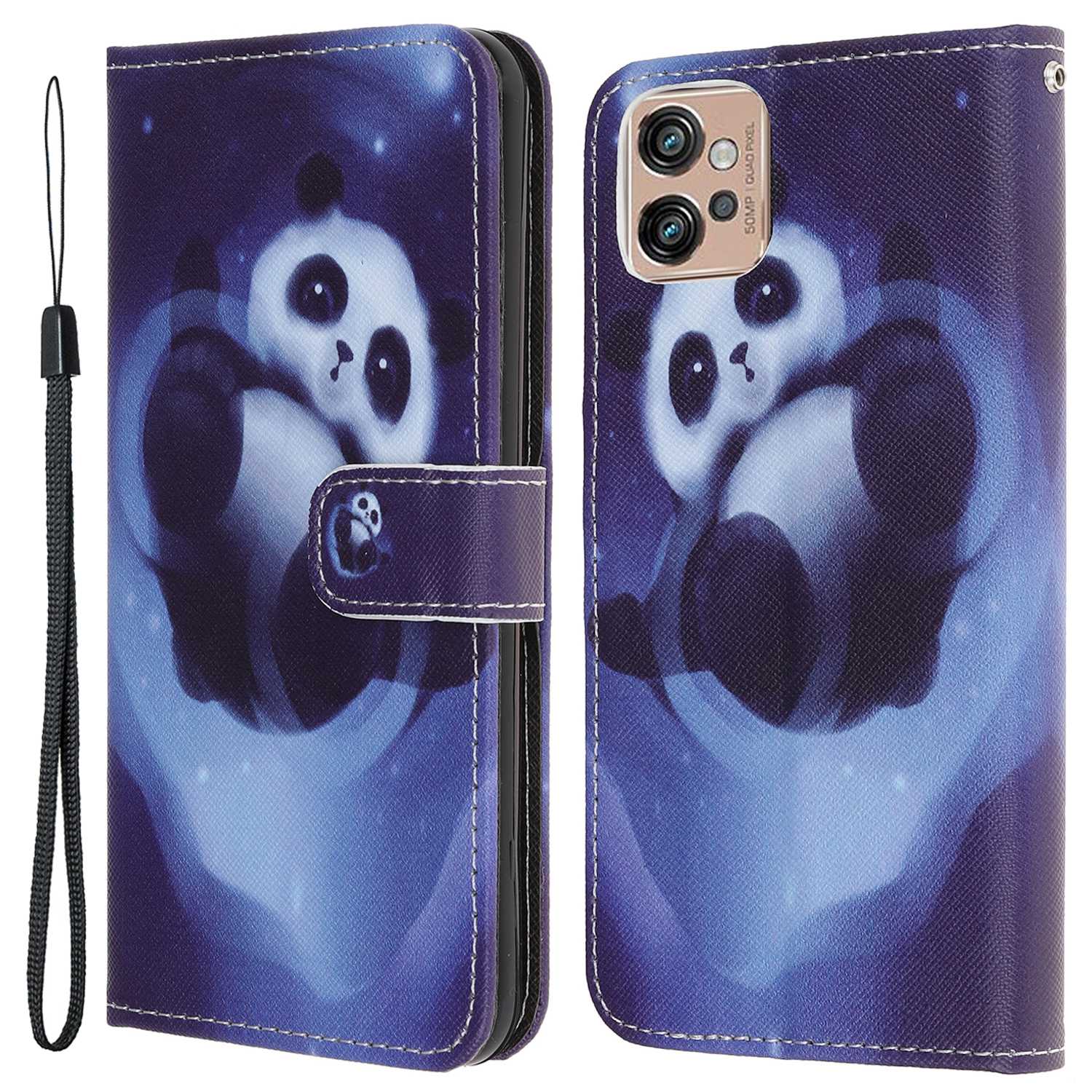 

Für Motorola Moto G32 4G Cross Textur Stand Brieftasche Telefonabdeckung PU Leder 3D -muster Druckkoffer Mit Riemen - Panda, Motorola Moto G32 4G