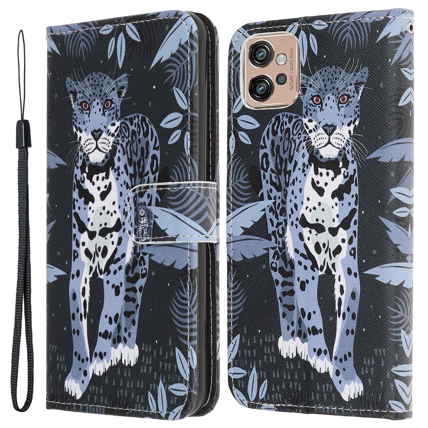 

Für Motorola Moto G32 4G Cross Textur Stand Brieftasche Telefonabdeckung PU Leder 3D -muster Druckkoffer Mit Riemen - Leopard, Motorola Moto G32 4G