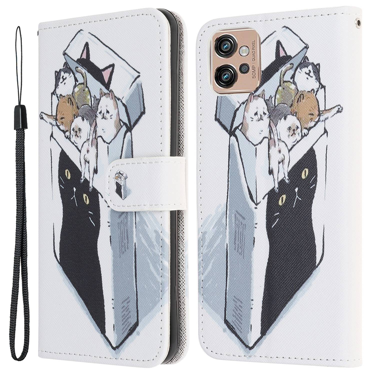 

Für Motorola Moto G32 4G Cross Textur Stand Brieftasche Telefonabdeckung PU Leder 3D -muster Druckkoffer Mit Riemen - Katzen, Motorola Moto G32 4G