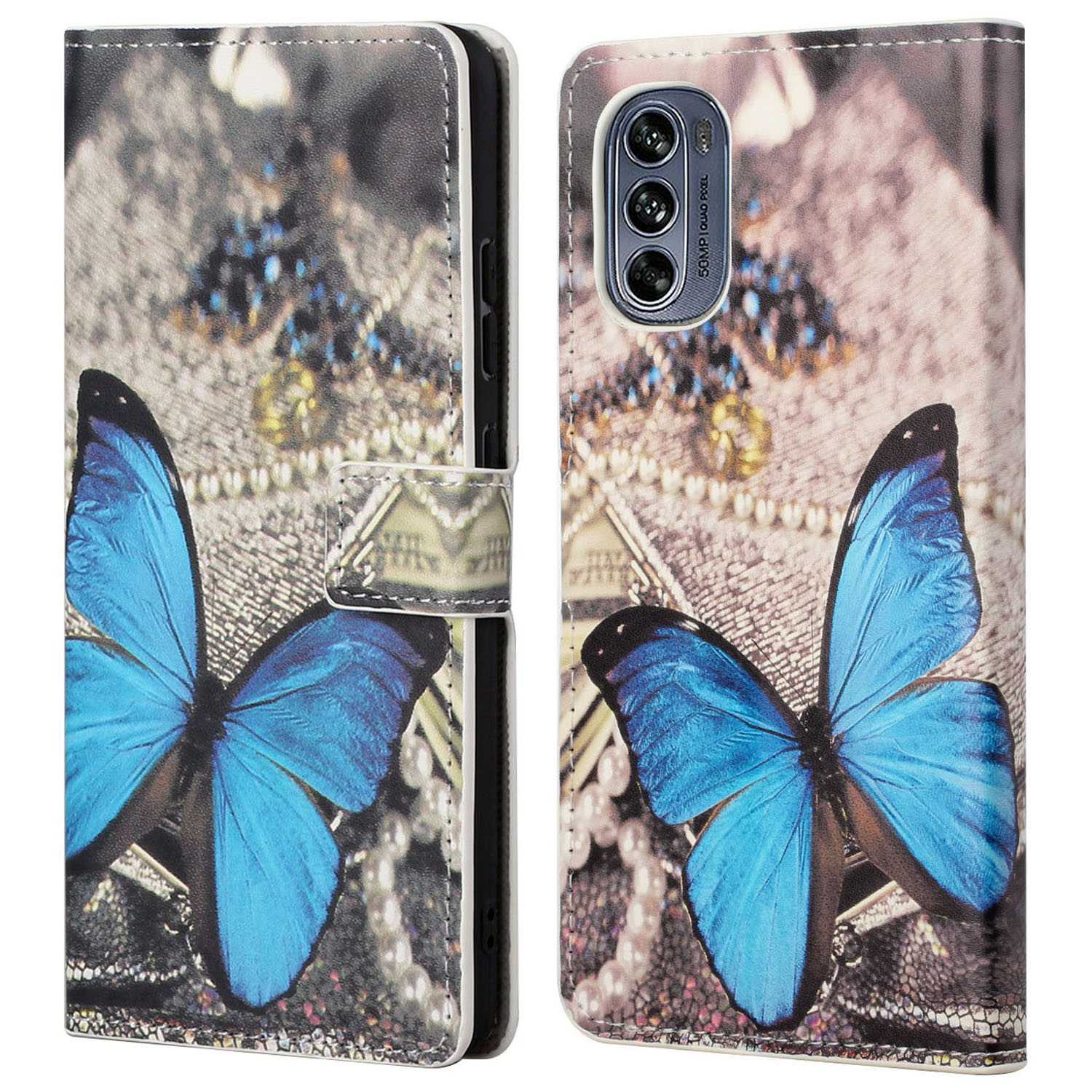 

Für Motorola Moto G62 5G Wallet Style Case Muster Druckständer Design PU Leder Anti-wear-magnetabdeckung - Blauer Schmetterling, Motorola Moto G62 5G