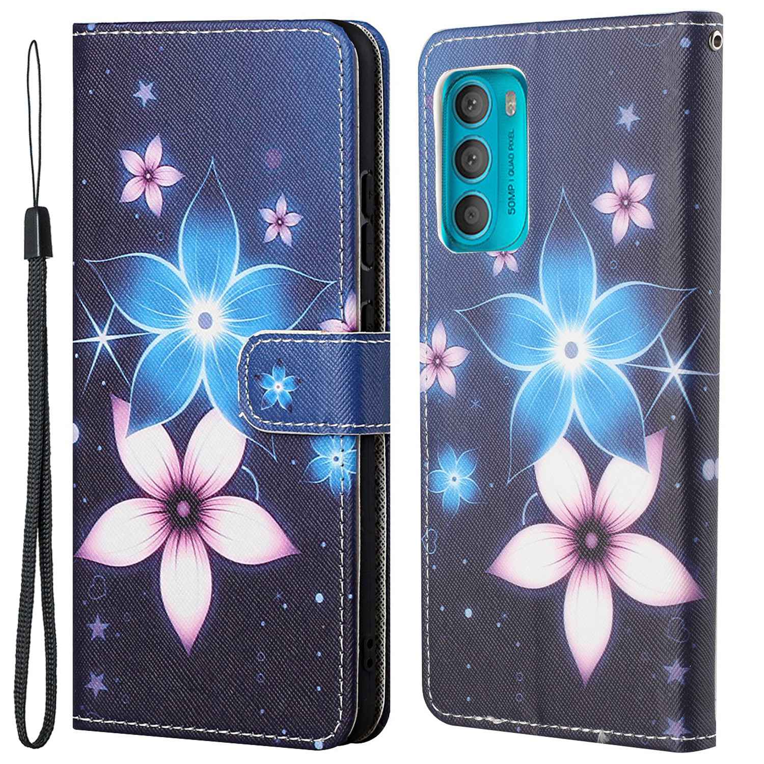 

Für Motorola Moto G42 4G PU Leder Anti-wear Cross Textur Deckung 3d-brieftaschen-muster-druckständer Handy-handy Mit Riemen - Blaue Blume, Motorola Moto G42 4G
