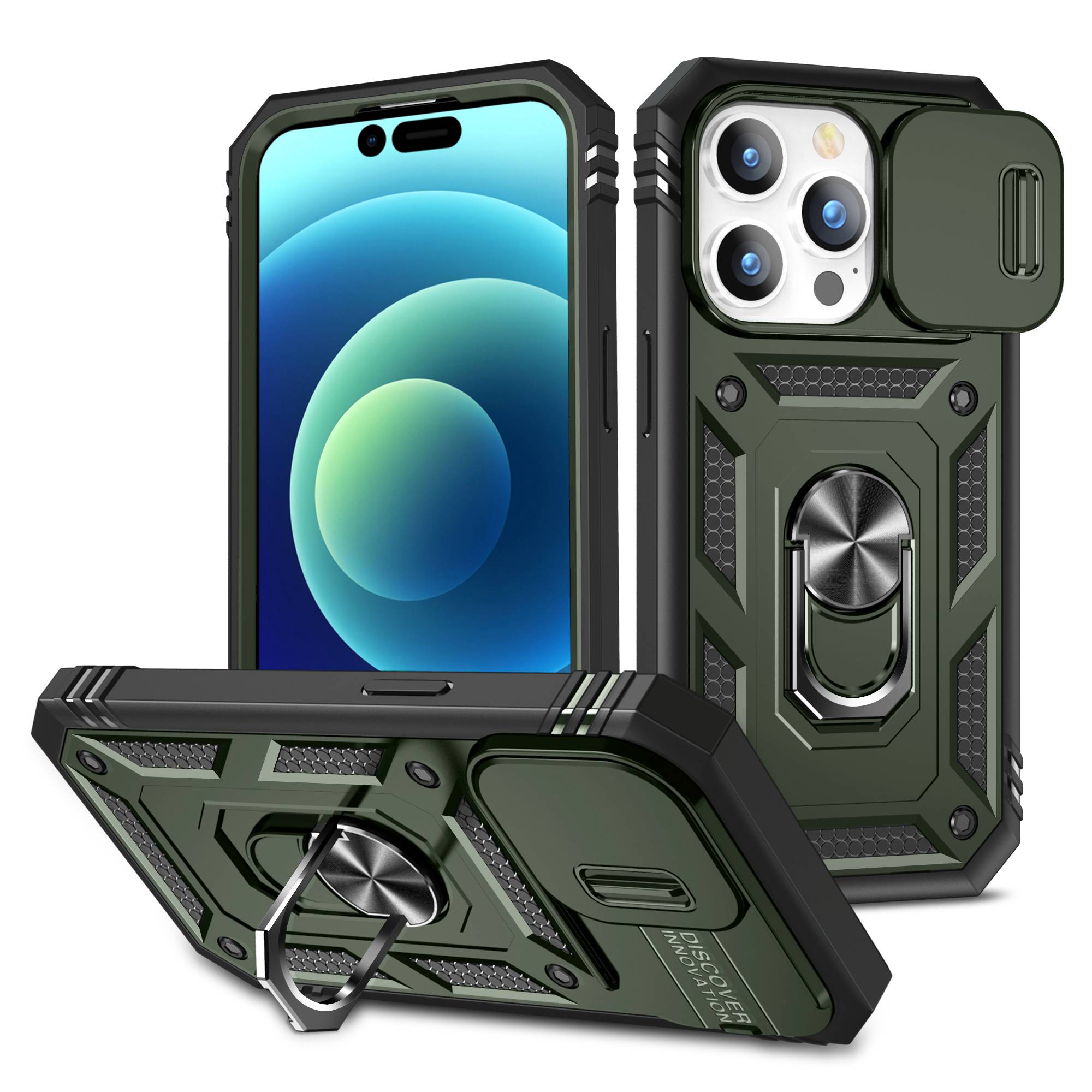

For iPhone 14 Pro Max 6.7 inch Phone Shell PC+TPU Sliding Camera Lens Cover Design Case with Kickstand / Card Slot - Army Green / Black, iPhone 14 Pro Max