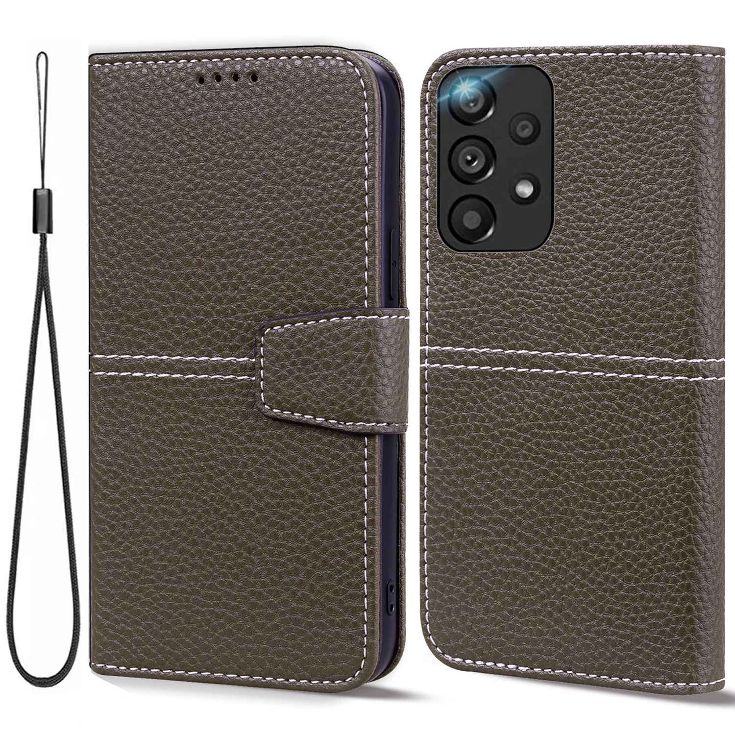 

Корпус на Кошельке Для Телефона Для Samsung Galaxy A33 5G, Анти-палочка Litchi Texture PU Кожаный Мобильный Телефон с Ремешком - Хаки, Samsung Galaxy A33 5G