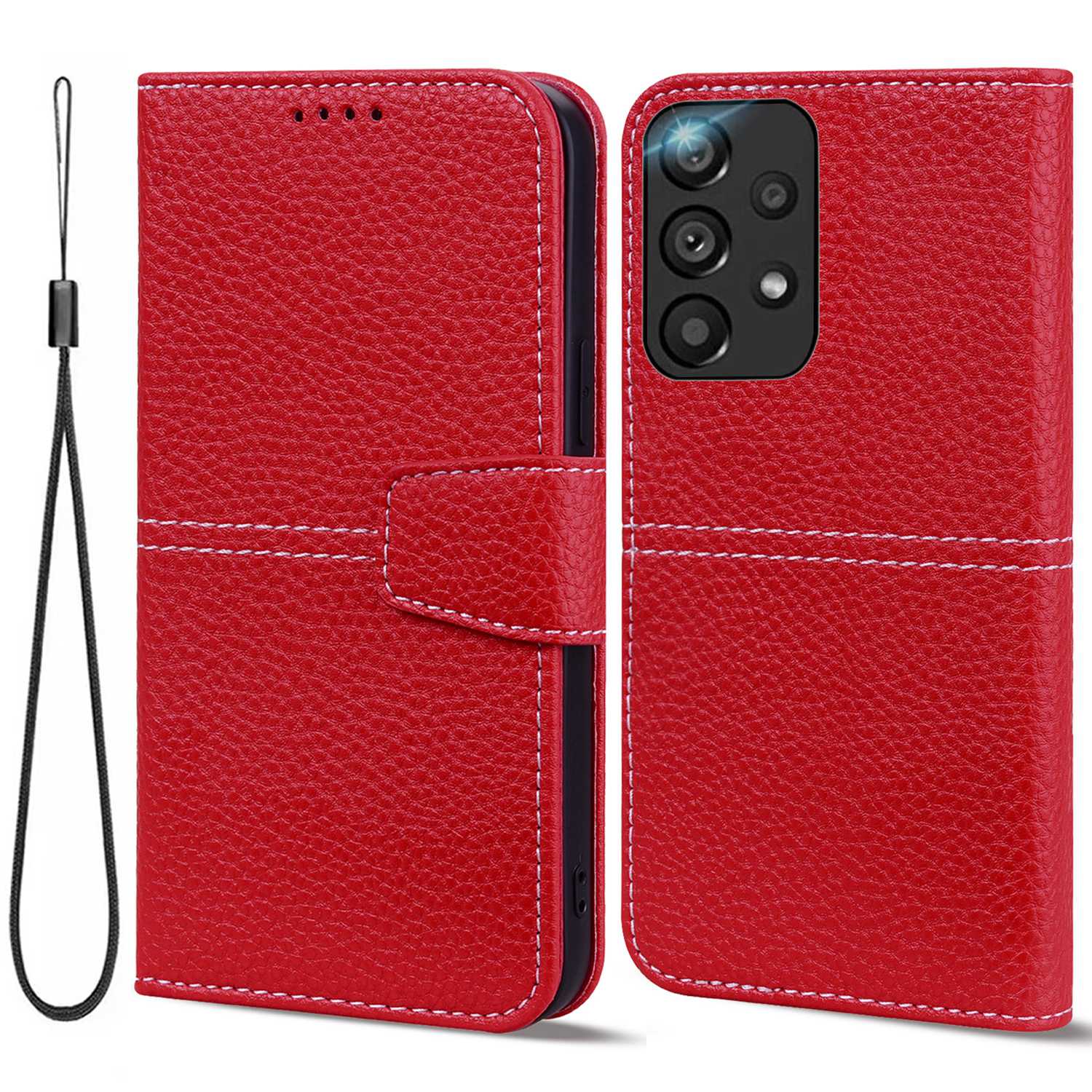 

Phone Flip Wallet Case Stand For Samsung Galaxy A33 5G, Anti-fall Litchi Texture PU Leather Mobile Phone Cover with Strap - Red, Samsung Galaxy A33 5G