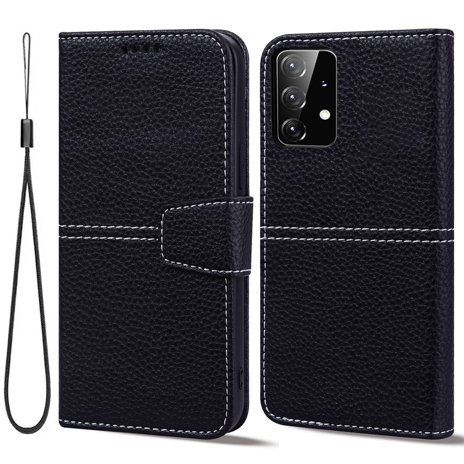 

For Samsung Galaxy A53 5G Flip Phone Wallet Case Litchi Texture PU Leather Full Protection Mobile Phone Stand Cover with Strap - Black, Samsung Galaxy A53 5G