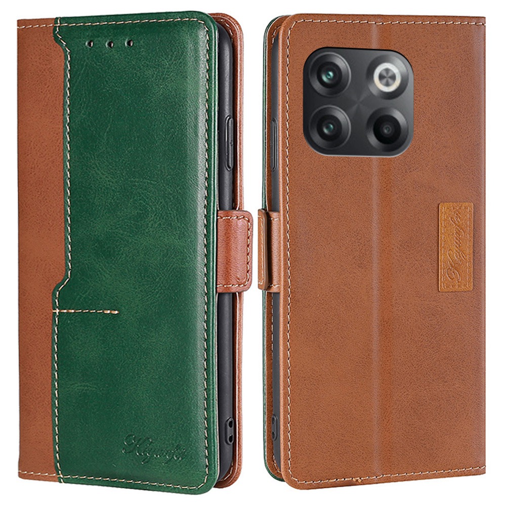 

Für OnePlus 10T 5G Anti-kratzer Flip Wallet Hülle PU Leder Kontrastfarbe Spleiß - Hellbraun / Grün, OnePlus 10T 5G