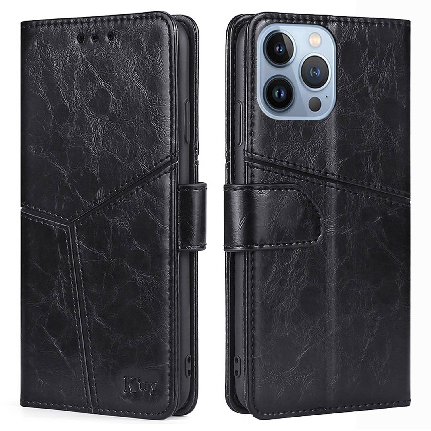 

For iPhone 14 Pro 6.1 inch Anti-scratch PU Leather Phone Case Splicing Geometric Pattern Mobile Phone Wallet Cover with Stand - Black, iPhone 14 Pro