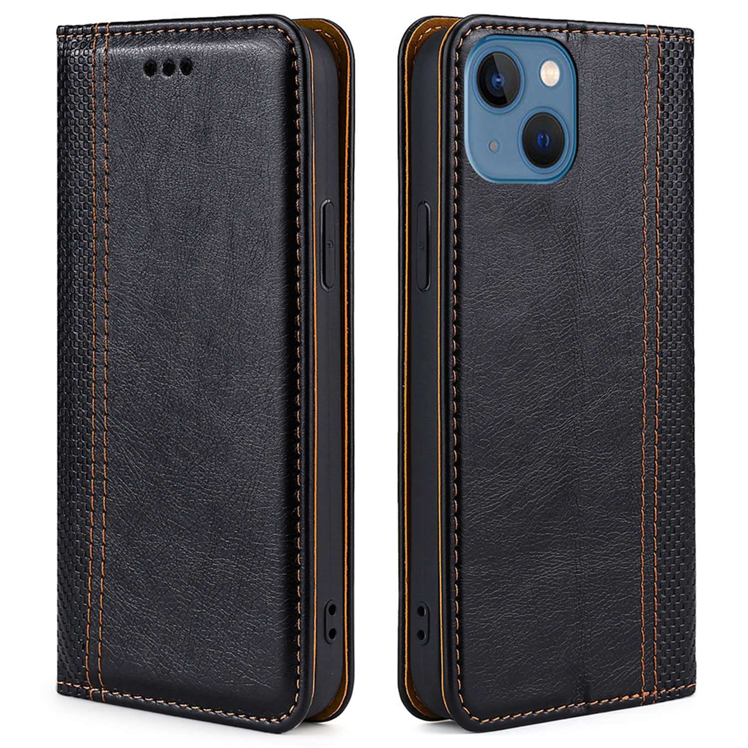 

For iPhone 14 6.1 inch Card Slot Stand Phone Case Plaid Pattern PU Leather Magnetic Absorption Flip Cover - Black, iPhone 14