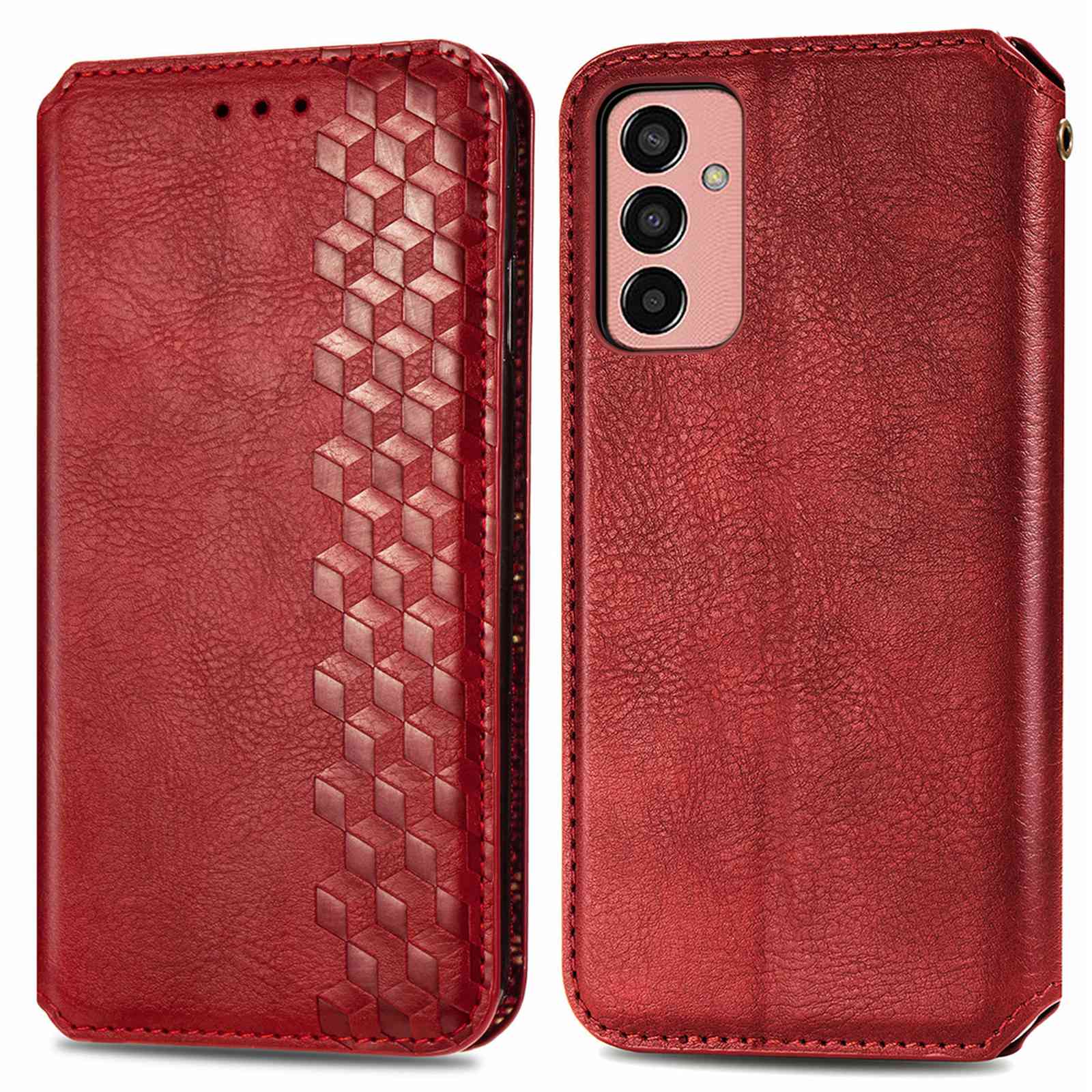 

For Samsung Galaxy M13 4G Rhombus Imprinting PU Leather Case Magnetic Auto-absorbed Phone Cover with Wallet Stand - Red, Galaxy M13 4G