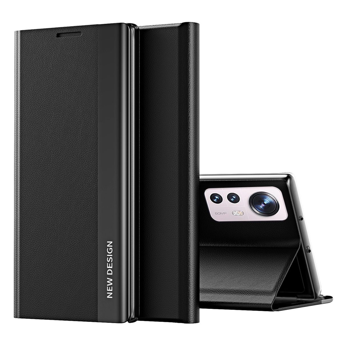 

Für Xiaomi 12 Lite 5G PU Leder Ständer Feature Phone Case Anti-schock-magnetabsorptions-elektroplierer Beschützer - Schwarz, Xiaomi 12 Lite 5G