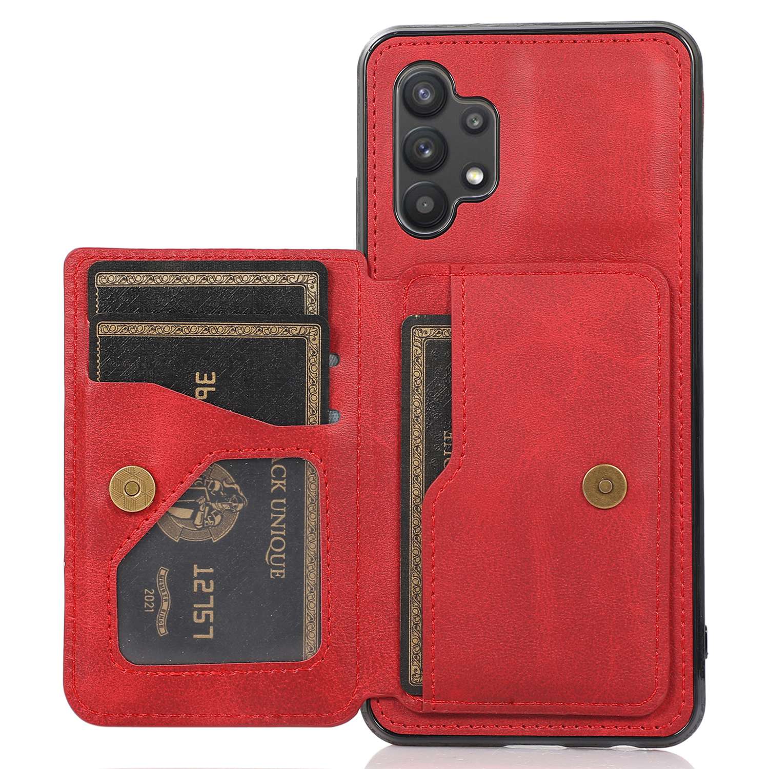 

For Samsung Galaxy A32 5G / M32 5G PU Leather + TPU Phone Case Card Holder Kickstand Protective Cover Support Magnetic Car Mount - Red, Galaxy A32 5G