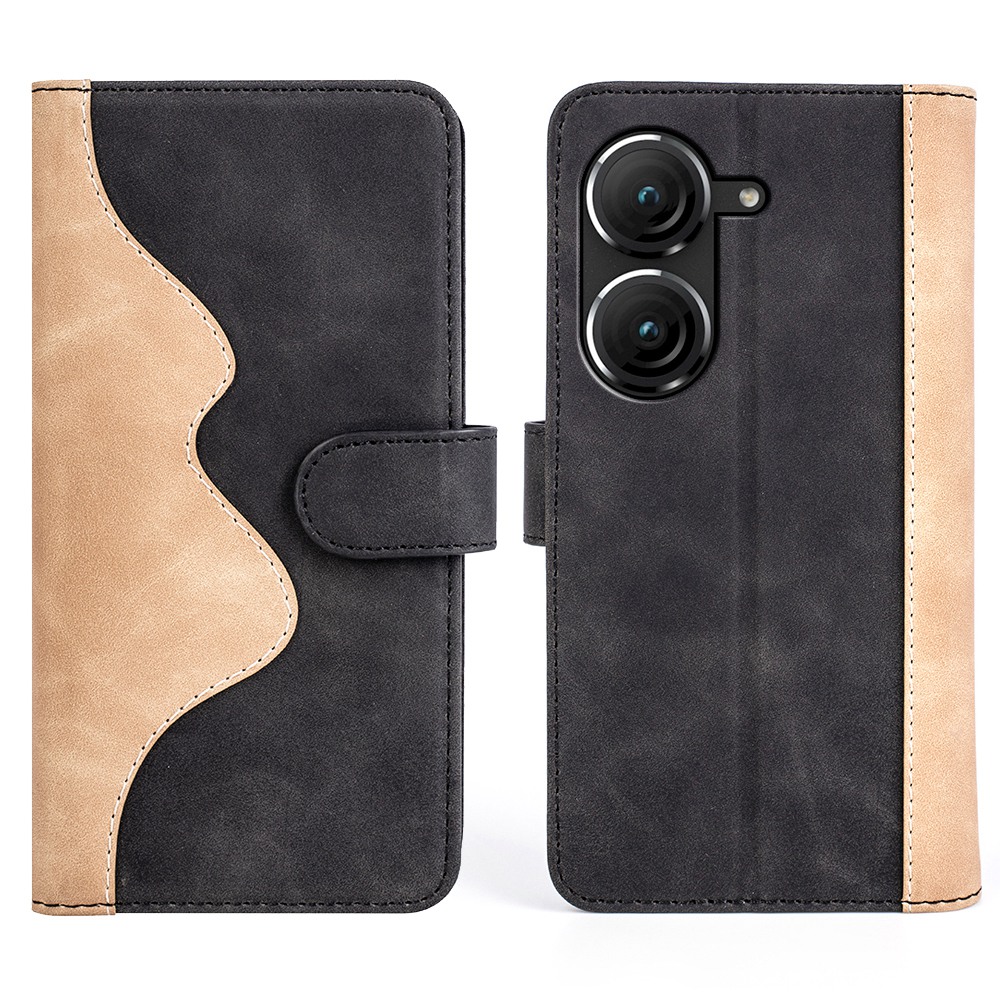 

Für Asus Zenfone 9 5G Farbspleißen PU Leder -deckungsständer Schockfeste Brieftaschenhülle Schocksicherheit - Schwarz, Asus Zenfone 9 5G