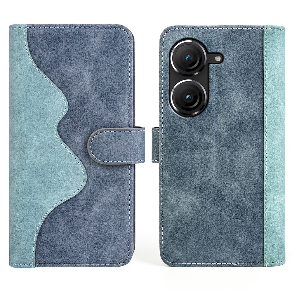 

Für Asus Zenfone 9 5G Farbspleißen PU Leder -deckungsständer Schockfeste Brieftaschenhülle Schocksicherheit - Blau, Asus Zenfone 9 5G