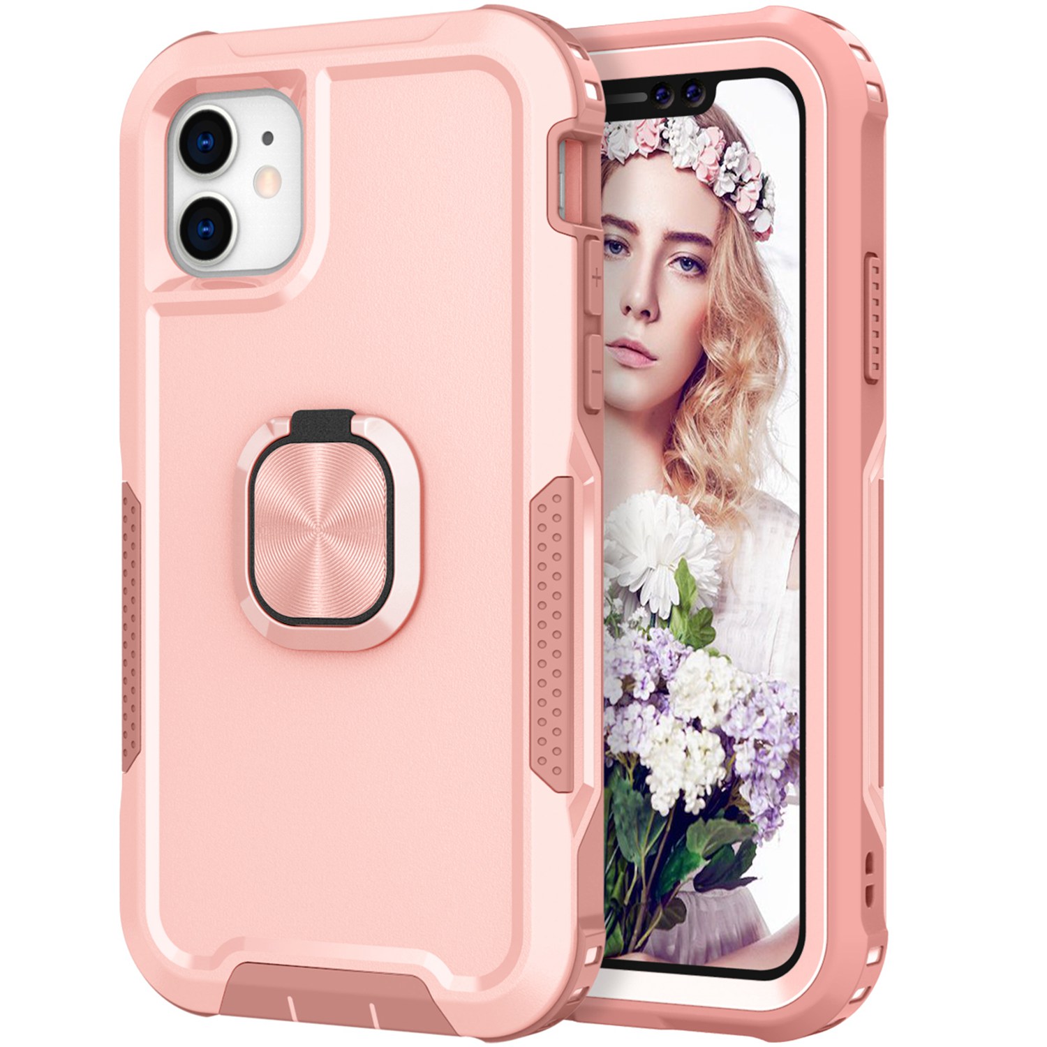 

For iPhone 11 6.1 inch Drop-proof PC + Silicone Phone Case Rotatable Ring Kickstand Wear-resistant Phone Cover - Pink, iPhone 11 6.1 inch