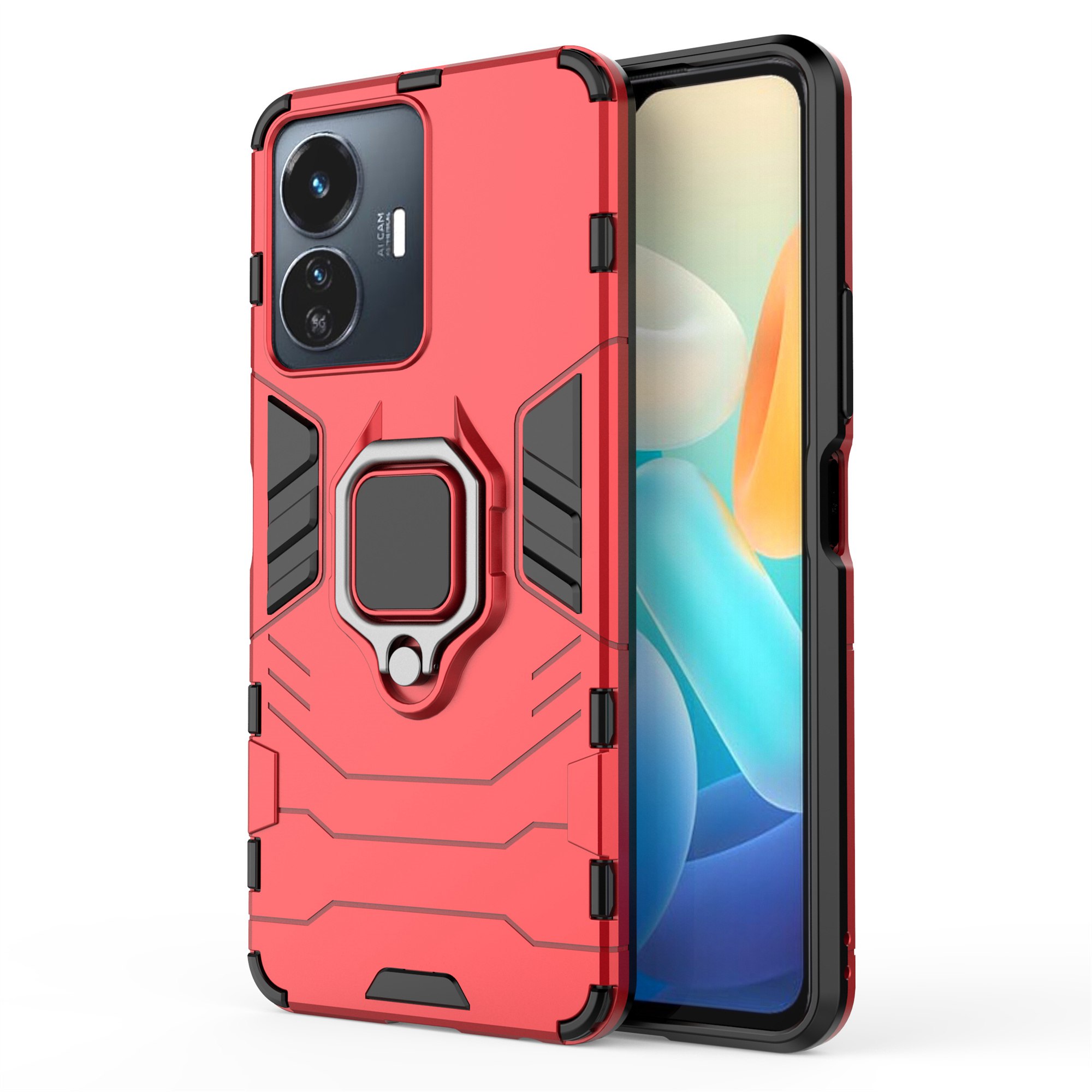 

Schutzhülle Für Vivo Y77 5G Schocksicherer Abdeckung Hartes PC + TPU Drop-sof-shell Mit Ring-kickstand - Rot, vivo Y77 5G