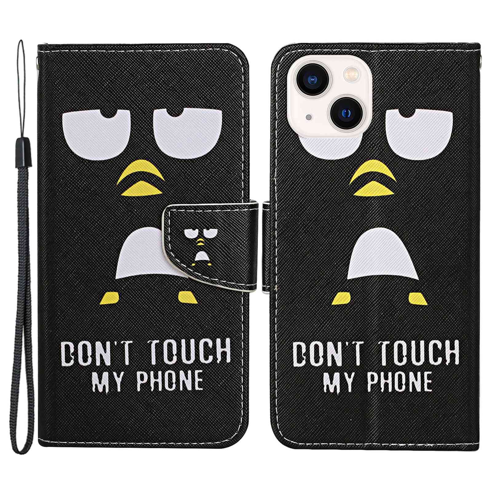 

For iPhone 14 Plus Cross Texture PU Leather Case Pattern Printing Foldable Stand Phone Wallet Full Protection Case - Penguin, iPhone 14 Plus