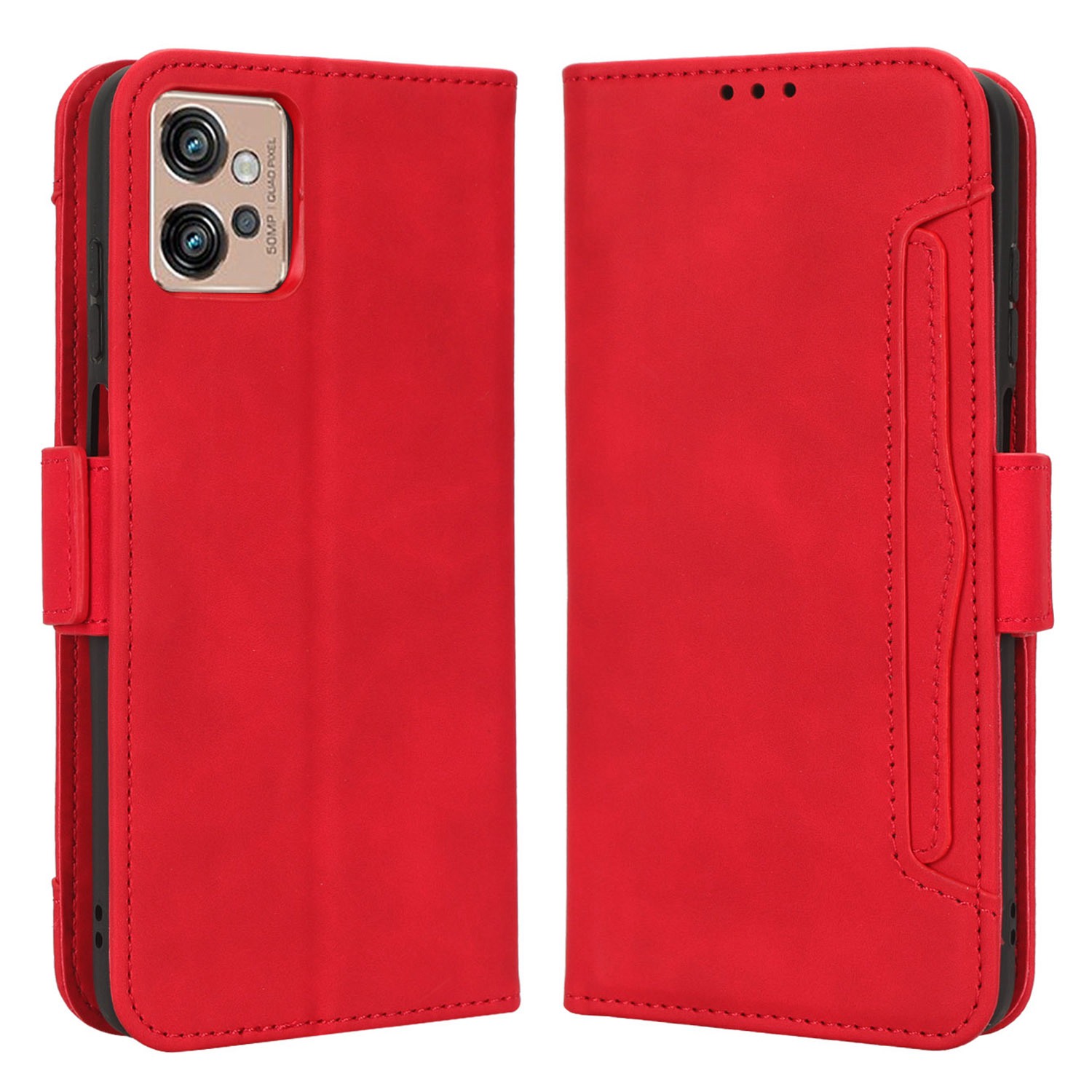 

Für Motorola Moto G32 4G Mehrere Kartensteckplätze PU Leder Flip Stange Wallet Hülle Dual Magnetic Clasp Phone Decke - Rot, Motorola Moto G32 4G