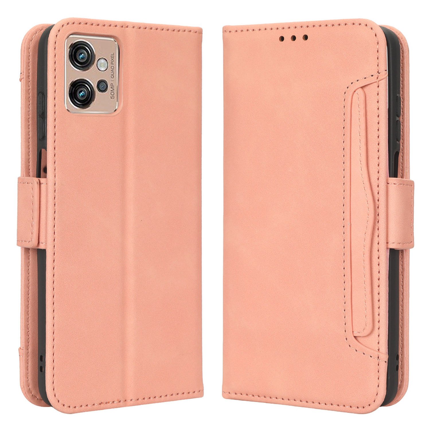 

Für Motorola Moto G32 4G Mehrere Kartensteckplätze PU Leder Flip Stange Wallet Hülle Dual Magnetic Clasp Phone Decke - Rosa, Motorola Moto G32 4G