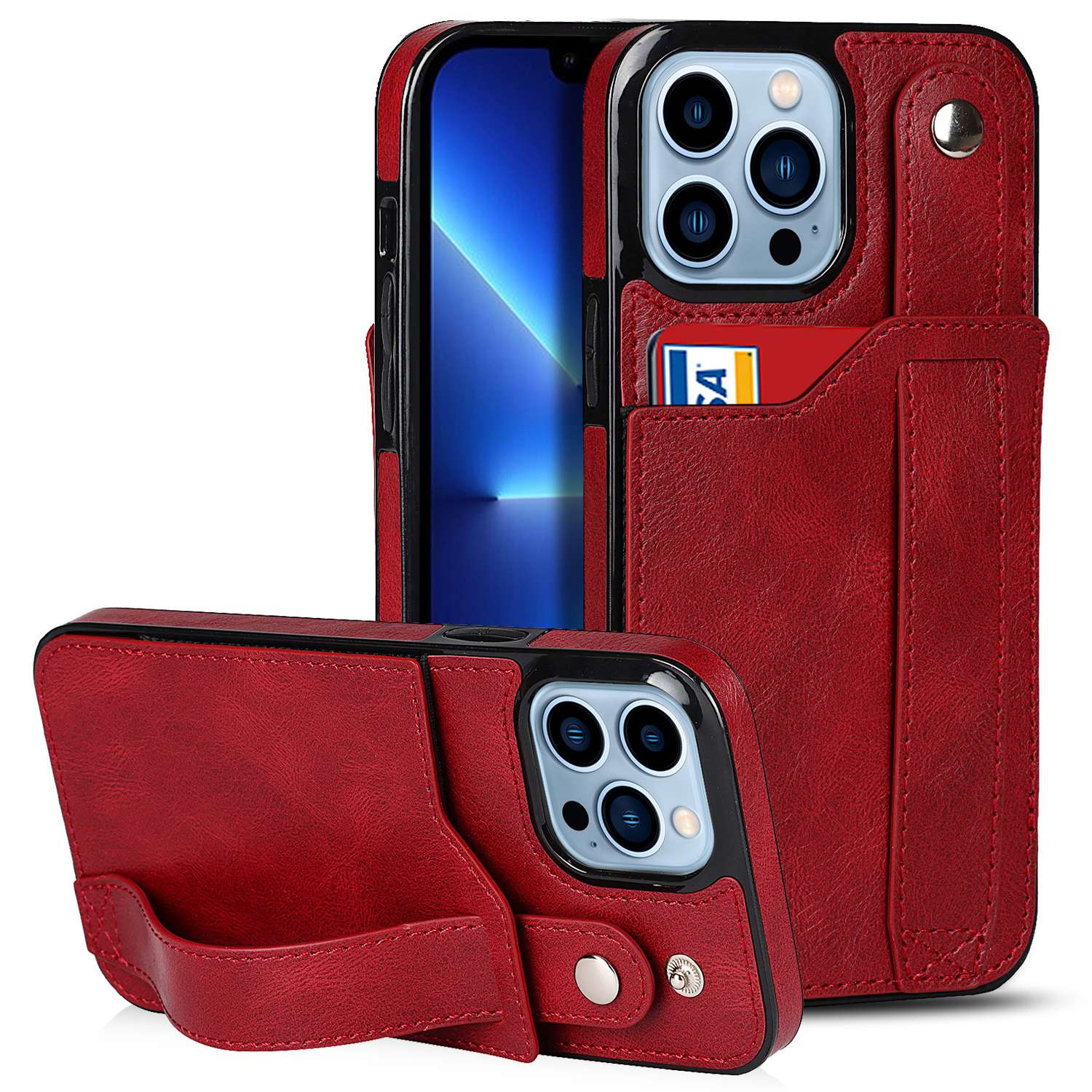 

For iPhone 14 Pro Max 6.7 inch RFID Blocking Card Slots Anti-scratch Cover Kickstand Function Leather Coated TPU Protective Case with Hand Strap - Red, iPhone 14 Pro Max