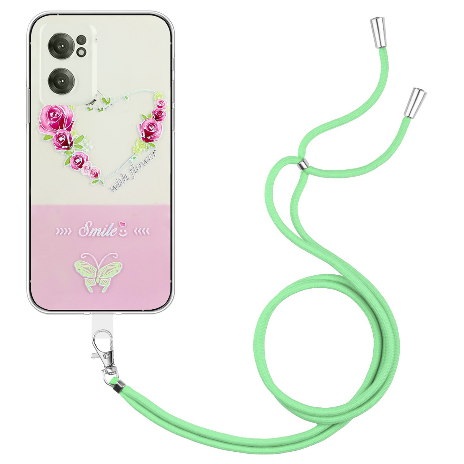 

Für OnePlus Nord CE 2 5G Schmetterlingsmuster Geprägtes Lackiertes Design Phone Hülle Schockdicht Schützend TPU -rückenabdeckung Mit Langem Lanyard - Hellgrün, OnePlus Nord CE 2 5G