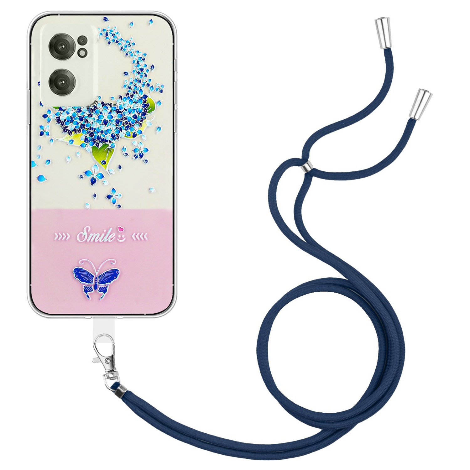 

Für OnePlus Nord CE 2 5G Schmetterlingsmuster Geprägtes Lackiertes Design Phone Hülle Schockdicht Schützend TPU -rückenabdeckung Mit Langem Lanyard - Blau, OnePlus Nord CE 2 5G