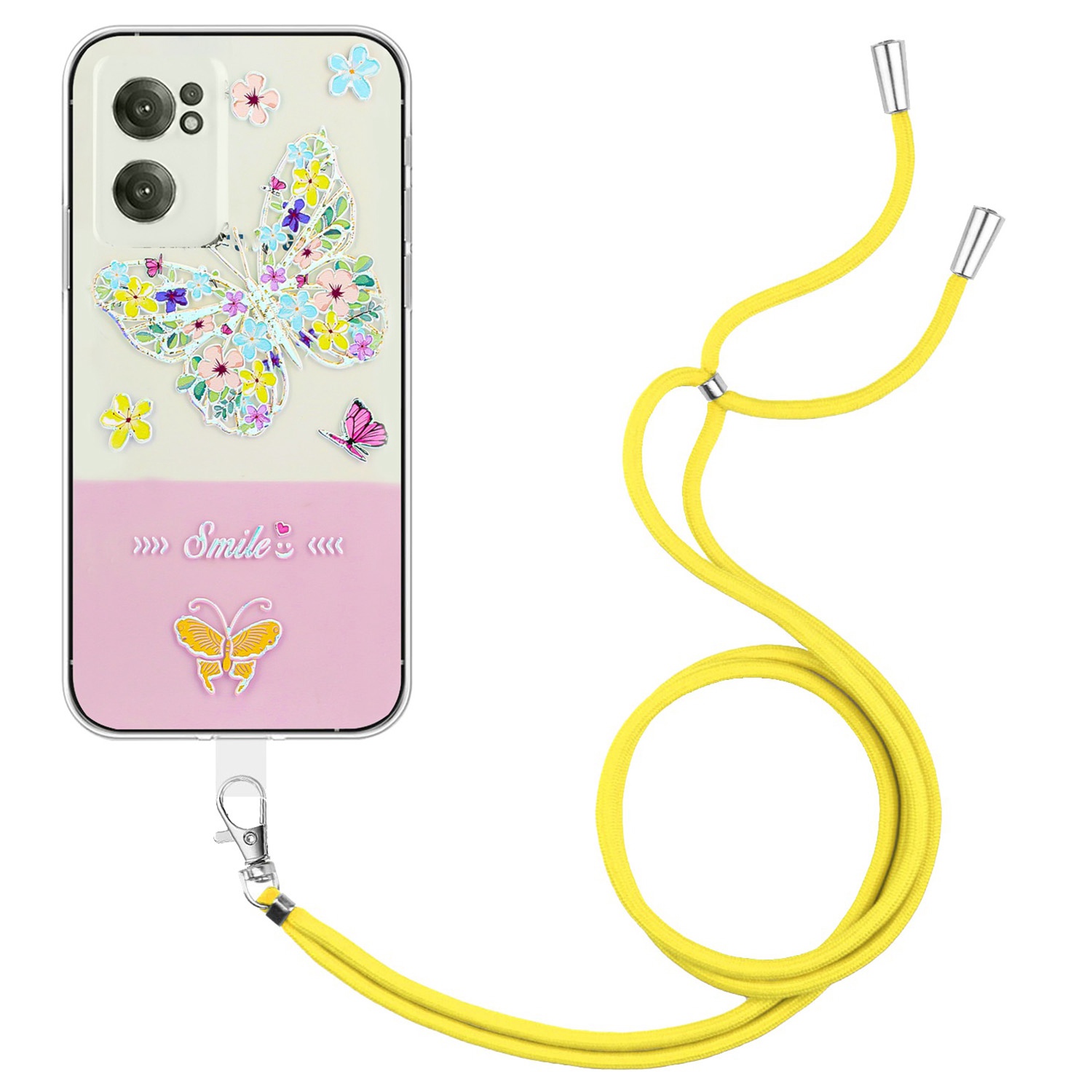 

Für OnePlus Nord CE 2 5G Schmetterlingsmuster Geprägtes Lackiertes Design Phone Hülle Schockdicht Schützend TPU -rückenabdeckung Mit Langem Lanyard - Gelb, OnePlus Nord CE 2 5G