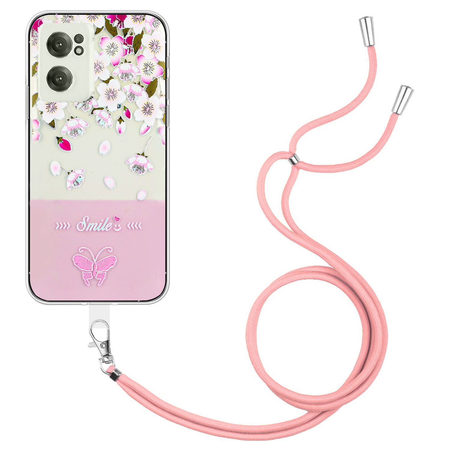 

Für OnePlus Nord CE 2 5G Schmetterlingsmuster Geprägtes Lackiertes Design Phone Hülle Schockdicht Schützend TPU -rückenabdeckung Mit Langem Lanyard - Rosa, OnePlus Nord CE 2 5G